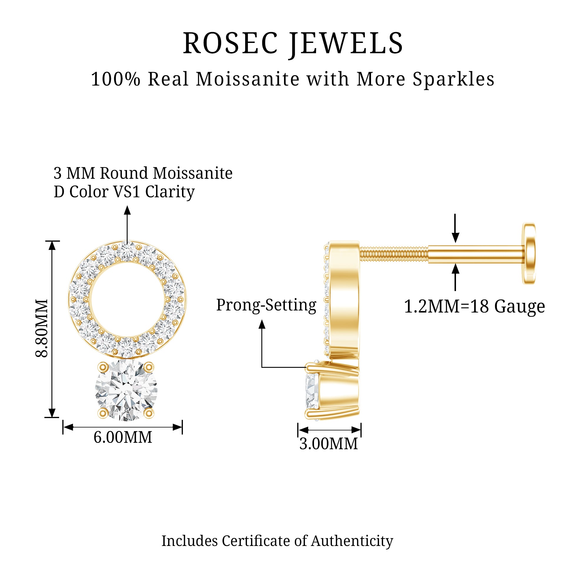 Certified Moissanite Open Circle Cartilage Earring for Women D-VS1 - Rosec Jewels