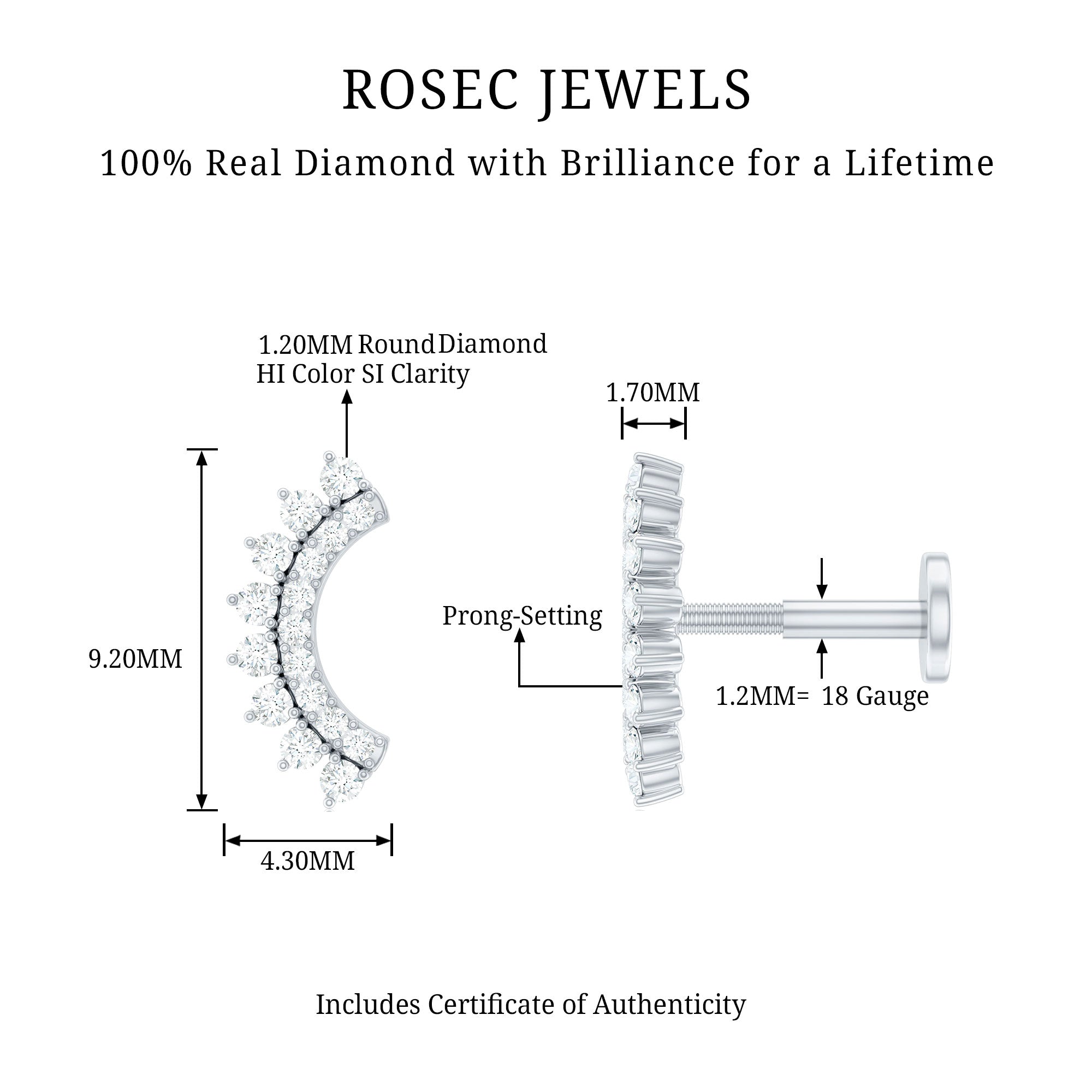 Certified Diamond Curved Cartilage Earring Natural - ( HI-SI ) - Rosec Jewels