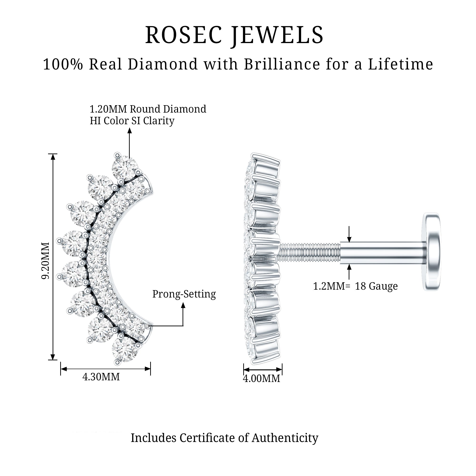 Certified Diamond Curved Cartilage Earring Natural - ( HI-SI ) - Rosec Jewels