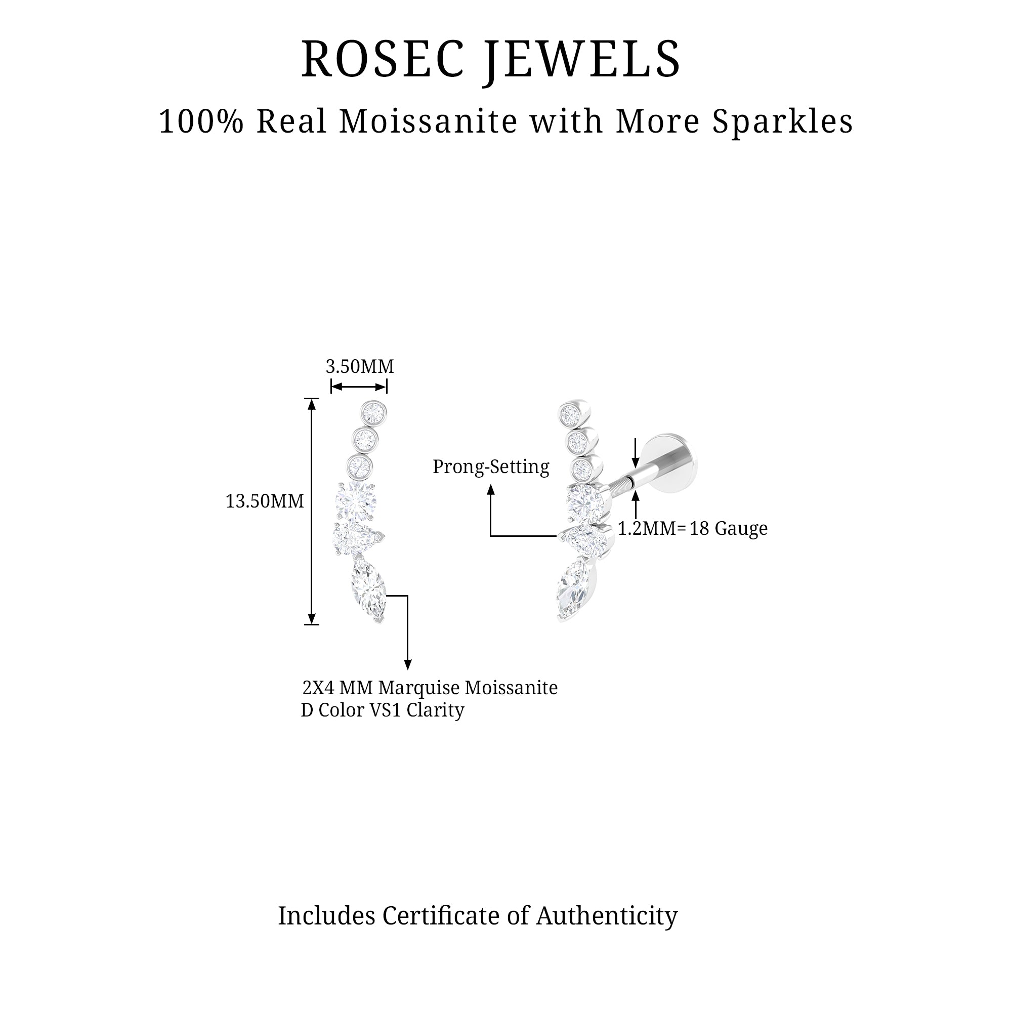 Certified Moissanite Designer Crawler Earring D-VS1 - Rosec Jewels