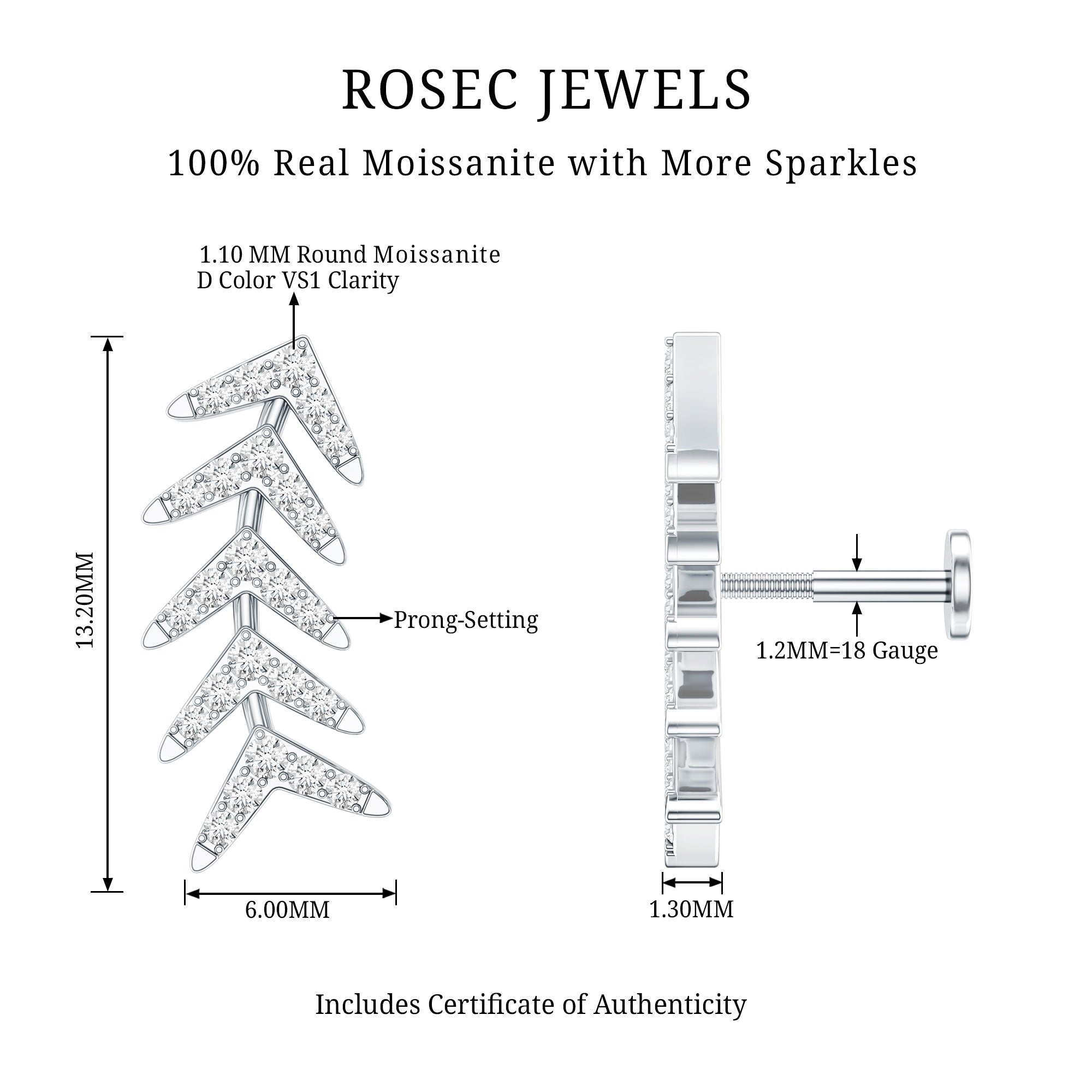 Certified Moissanite Leaf Crawler Earring for Helix Piercing D-VS1 - Rosec Jewels