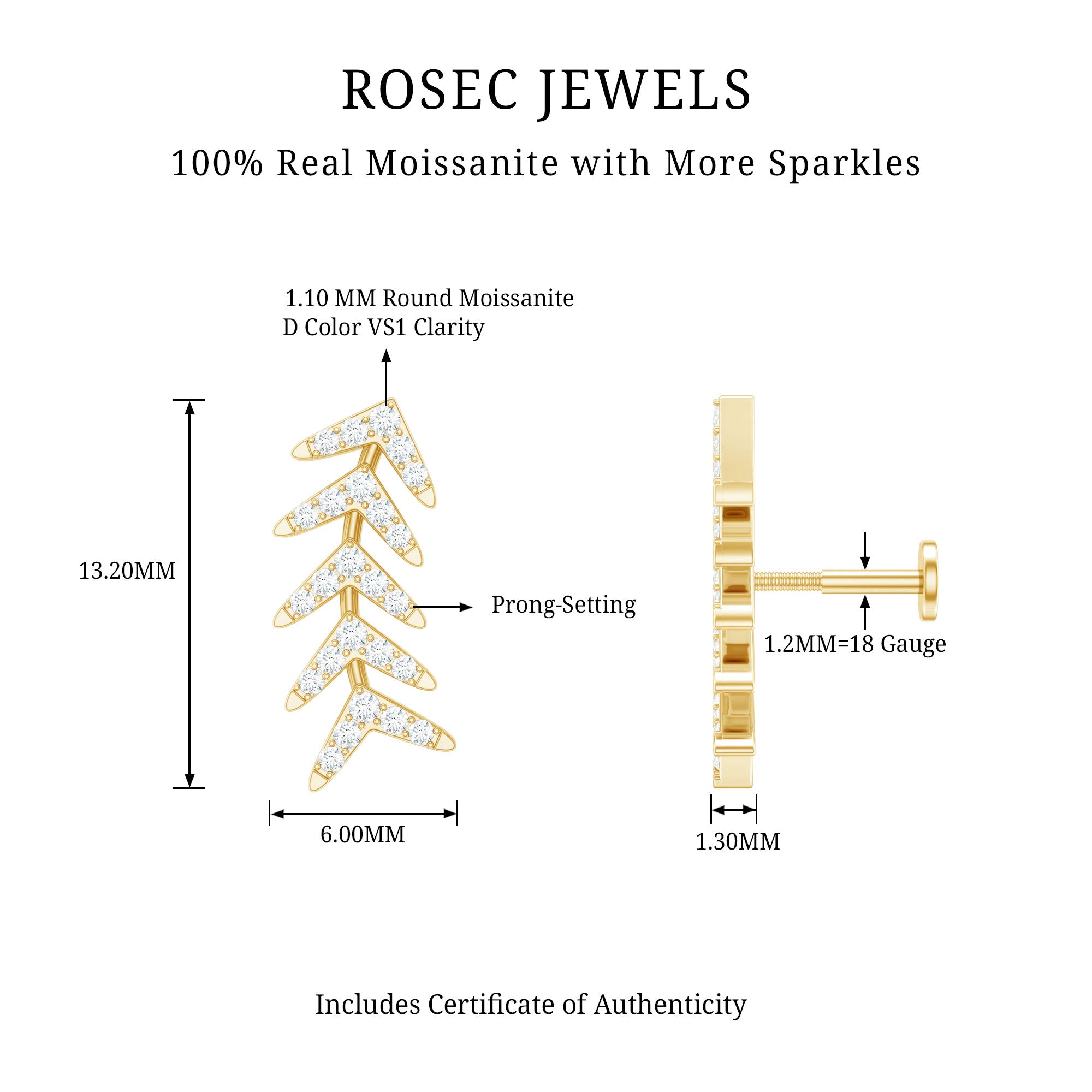 Certified Moissanite Leaf Crawler Earring for Helix Piercing D-VS1 - Rosec Jewels