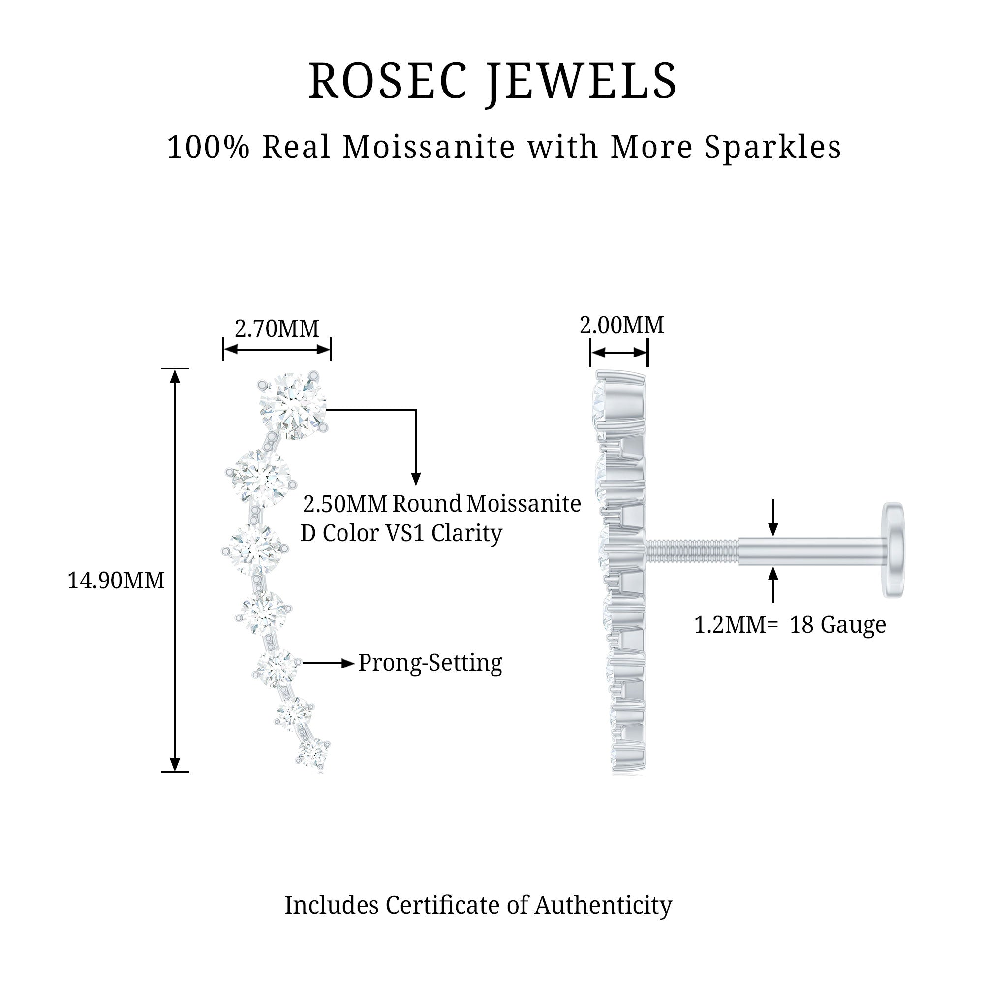 Graduated Style Moissanite Ear Crawler Earring for Helix Piercing D-VS1 - Rosec Jewels