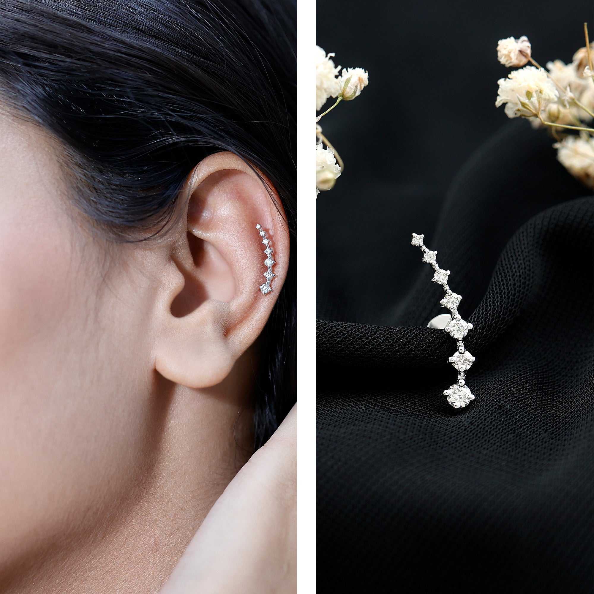 Graduated Style Moissanite Ear Crawler Earring for Helix Piercing D-VS1 - Rosec Jewels