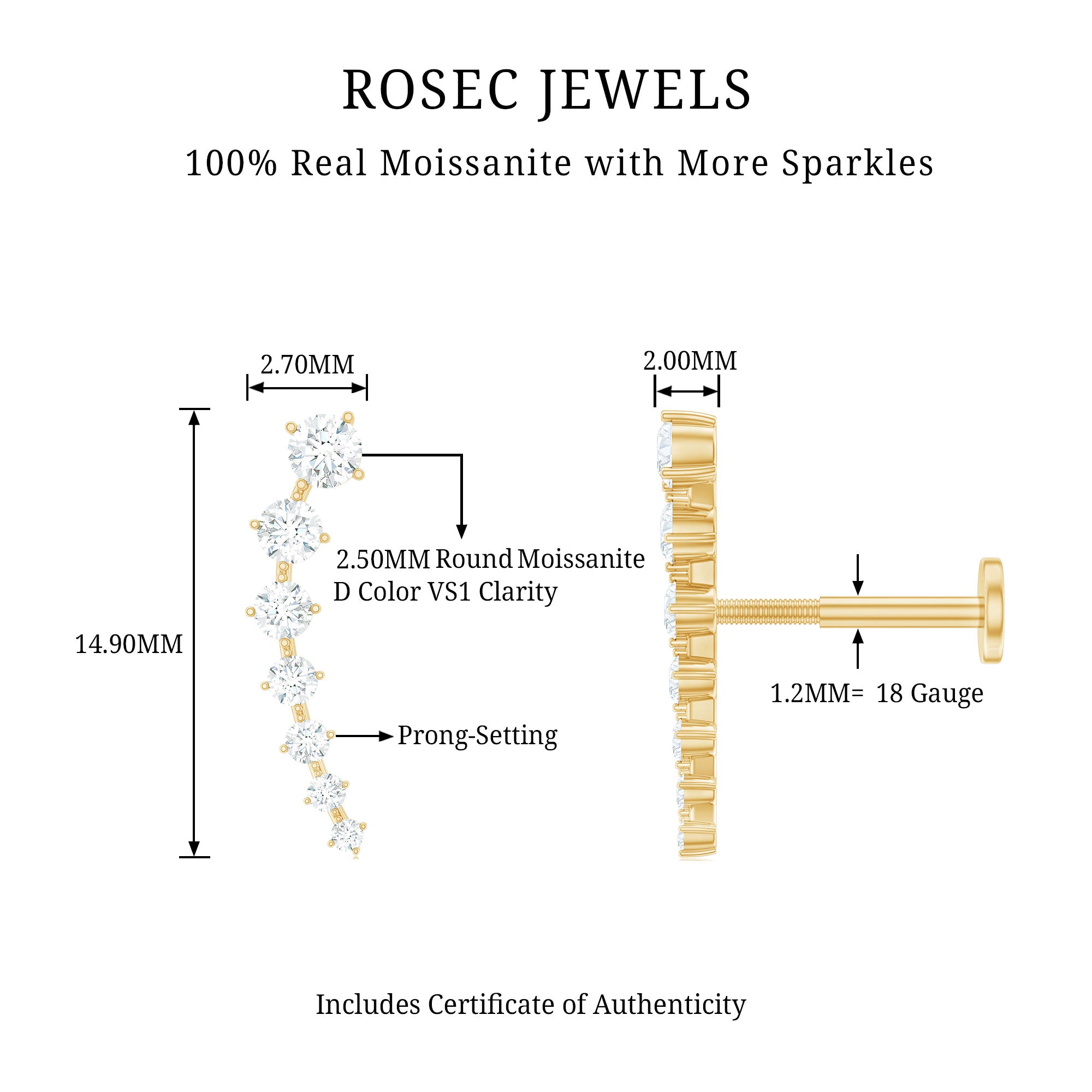 Graduated Style Moissanite Ear Crawler Earring for Helix Piercing D-VS1 - Rosec Jewels