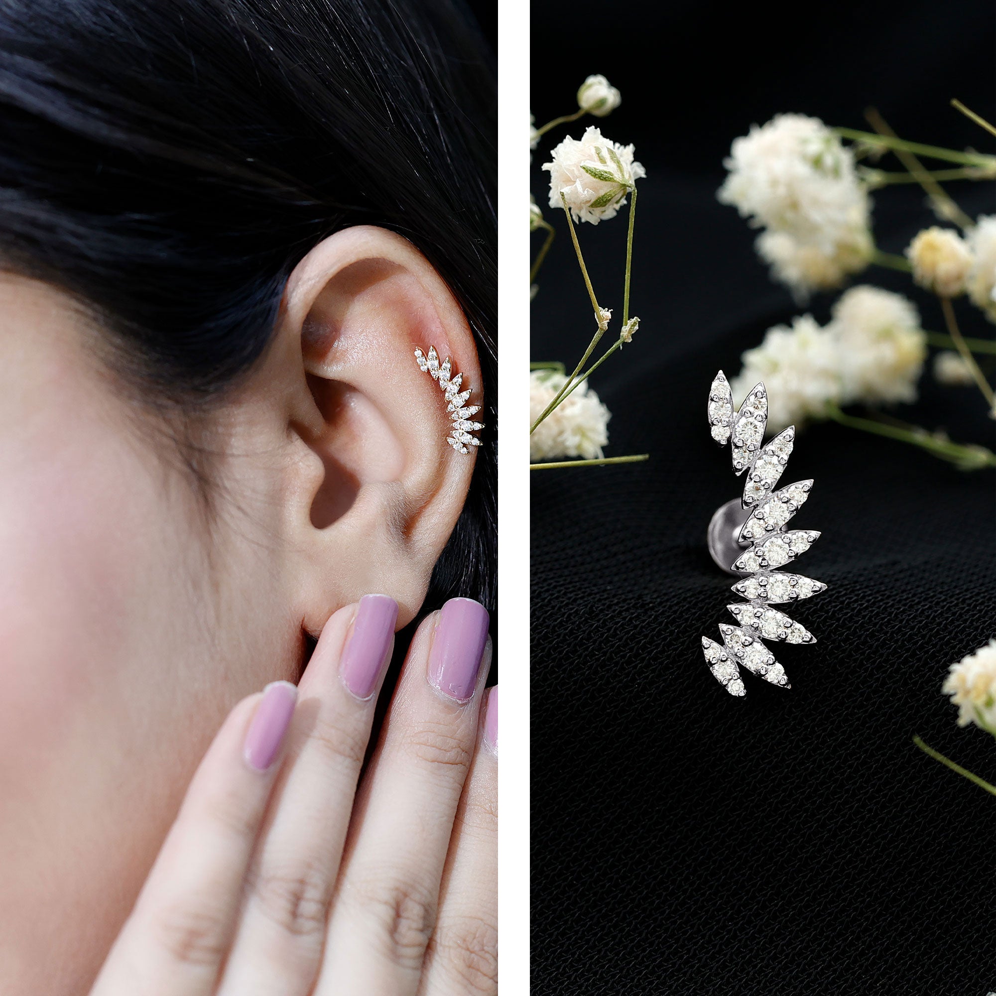 Certified Moissanite Feather Climber Cartilage Earring D-VS1 - Rosec Jewels
