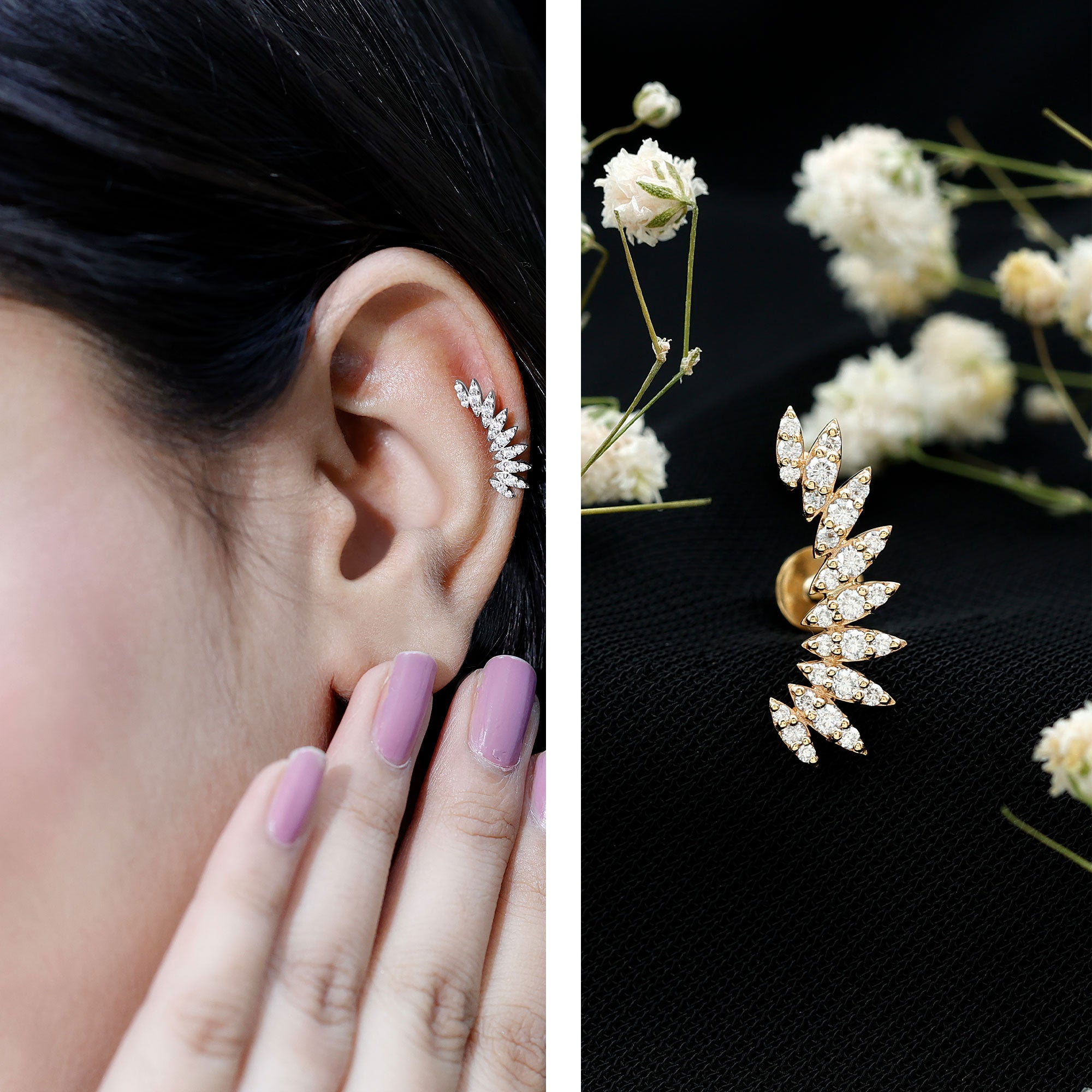 Certified Moissanite Feather Climber Cartilage Earring D-VS1 - Rosec Jewels