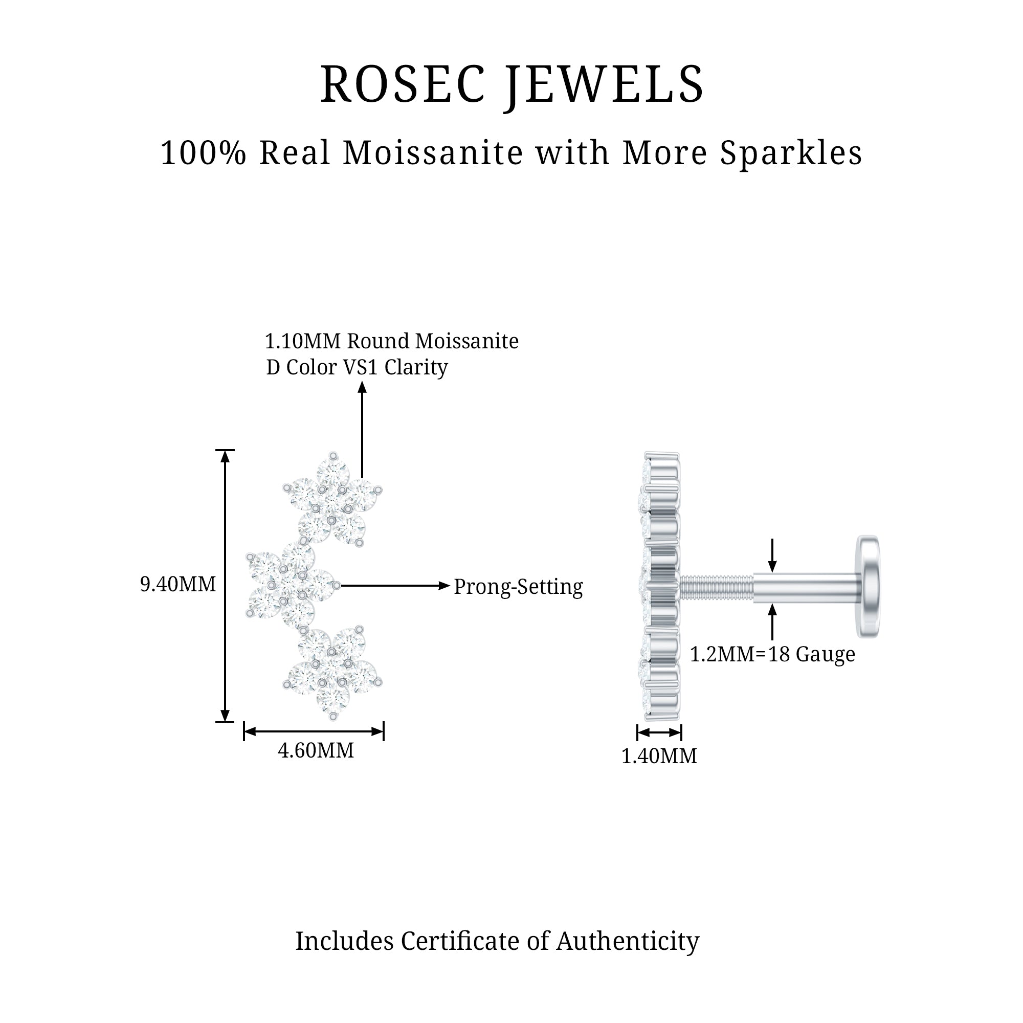 Certified Moissanite Three Flower Stud Earring for Helix Piercing D-VS1 - Rosec Jewels