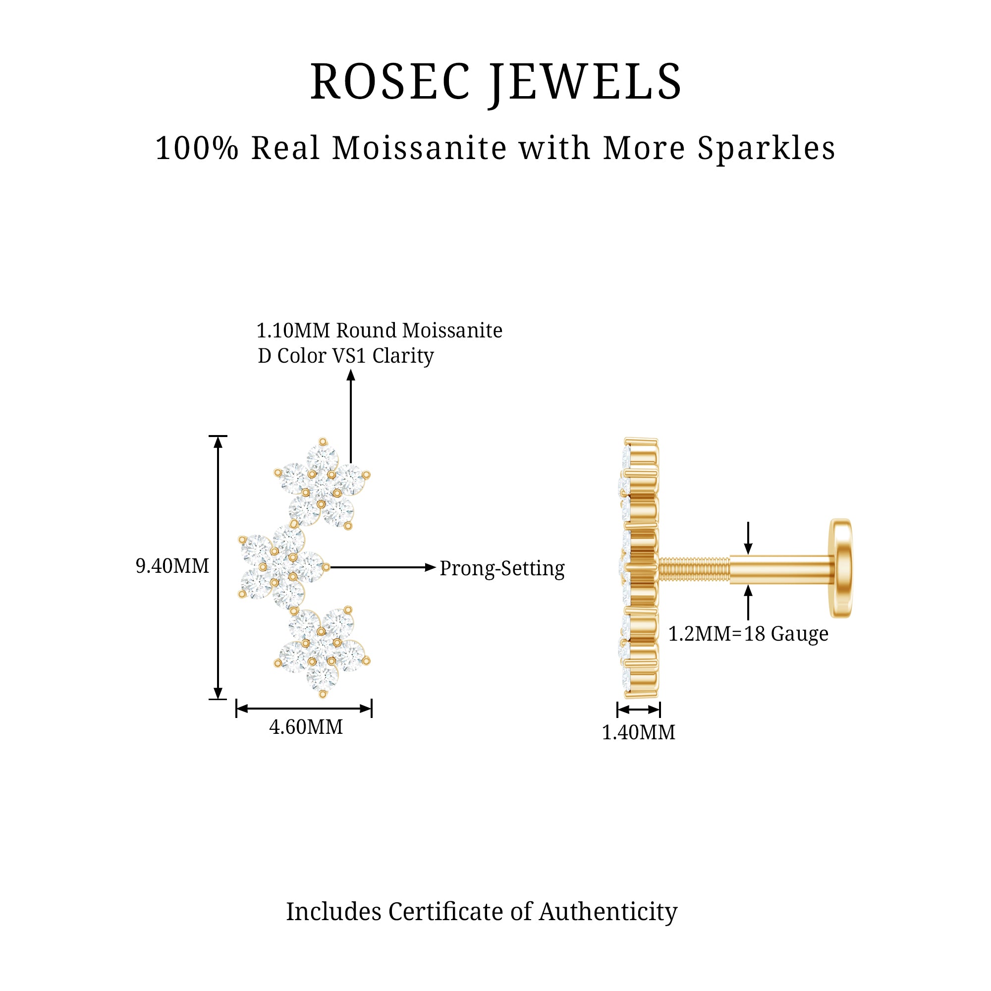 Certified Moissanite Three Flower Stud Earring for Helix Piercing D-VS1 - Rosec Jewels