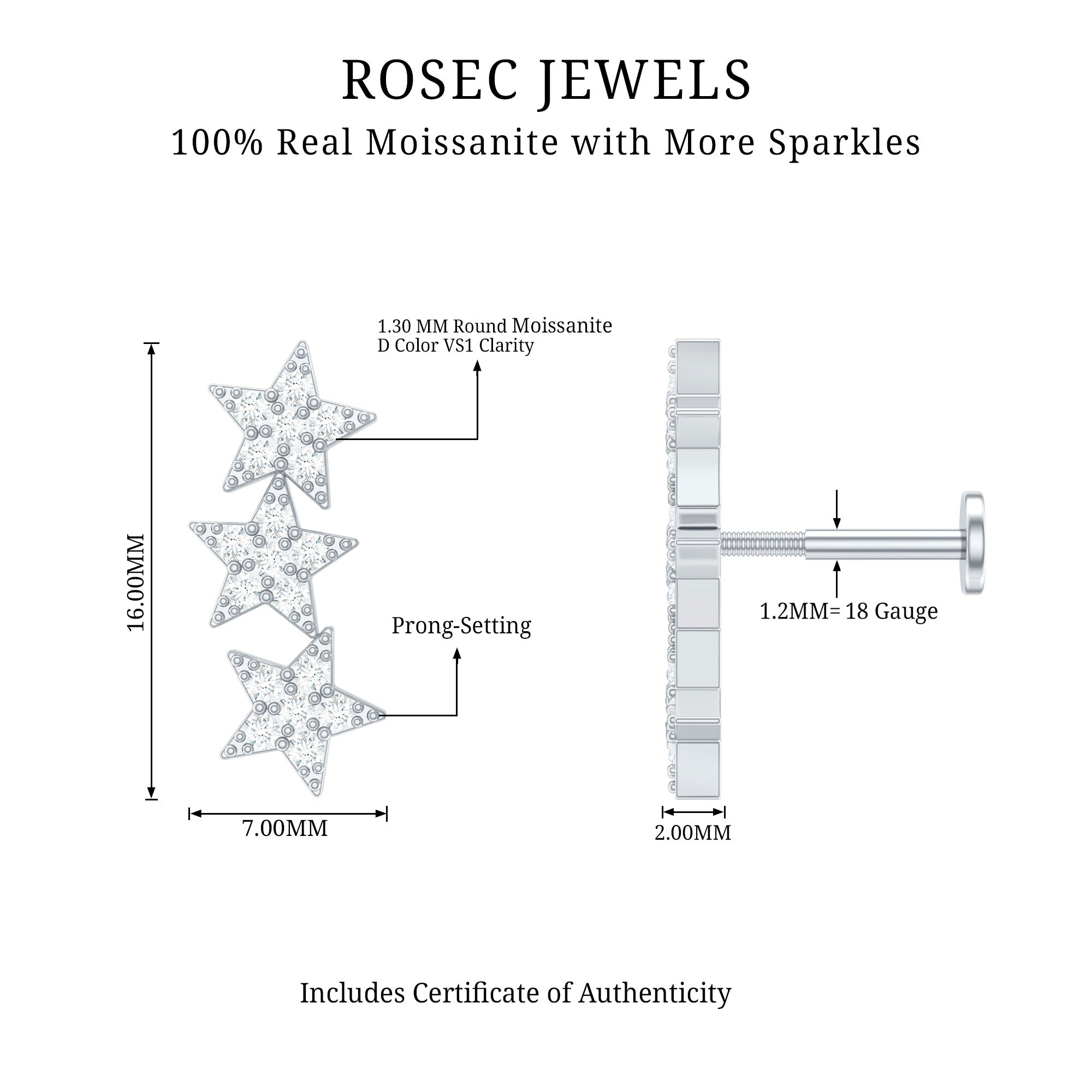 Certified Moissanite Star Ear Crawler Earring D-VS1 - Rosec Jewels