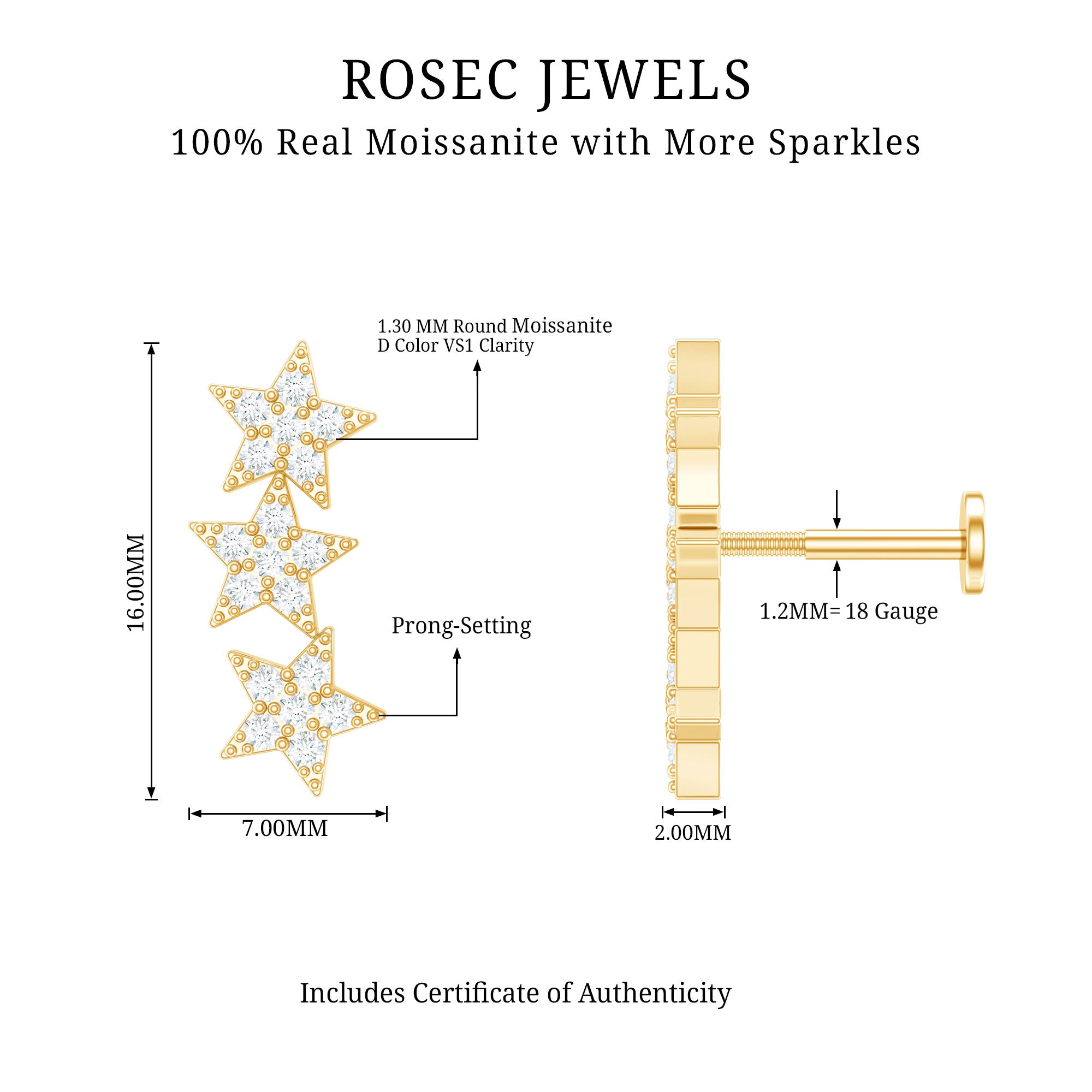 Certified Moissanite Star Ear Crawler Earring D-VS1 - Rosec Jewels