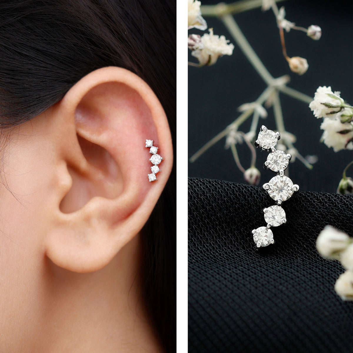 Graduated Style Diamond Crawler Earring for Women Natural - ( HI-SI ) - Rosec Jewels