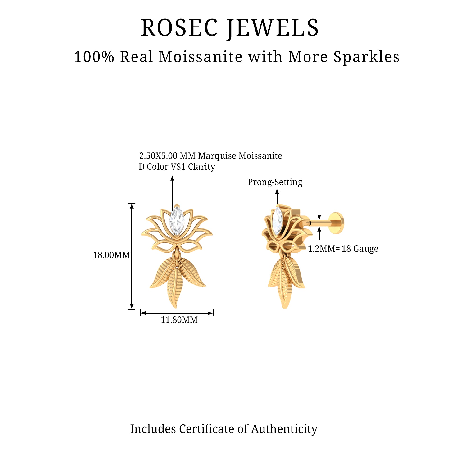 Marquise Moissanite Lotus Drop Earring for Cartilage Piercing D-VS1 - Rosec Jewels