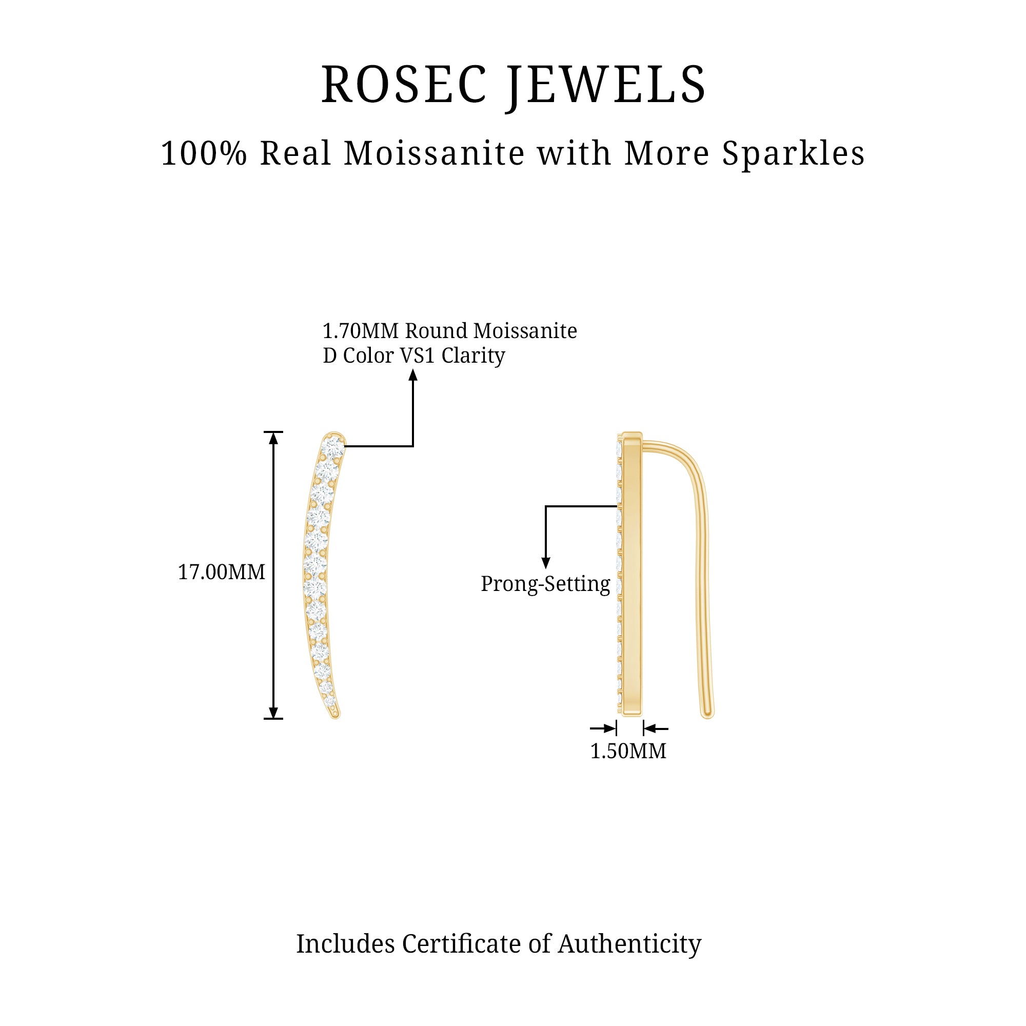 Minimalist Moissanite Curved Climber Earring D-VS1 - Rosec Jewels