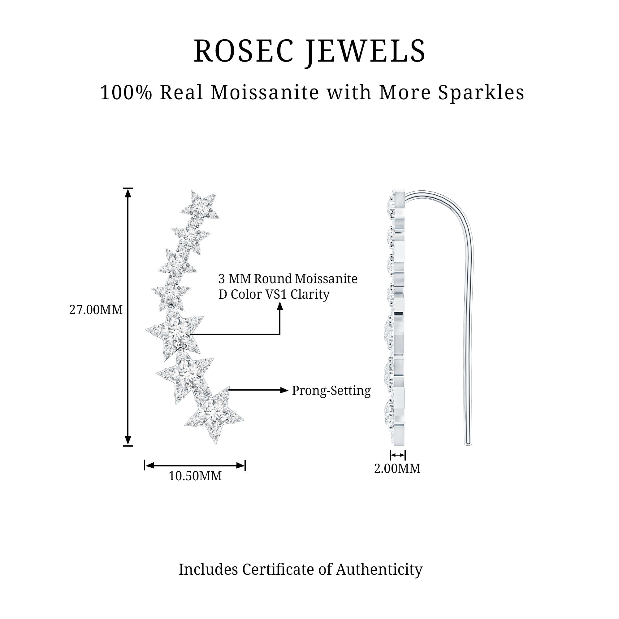 Moissanite Star Climber Earring for Cartilage Piercing D-VS1 - Rosec Jewels
