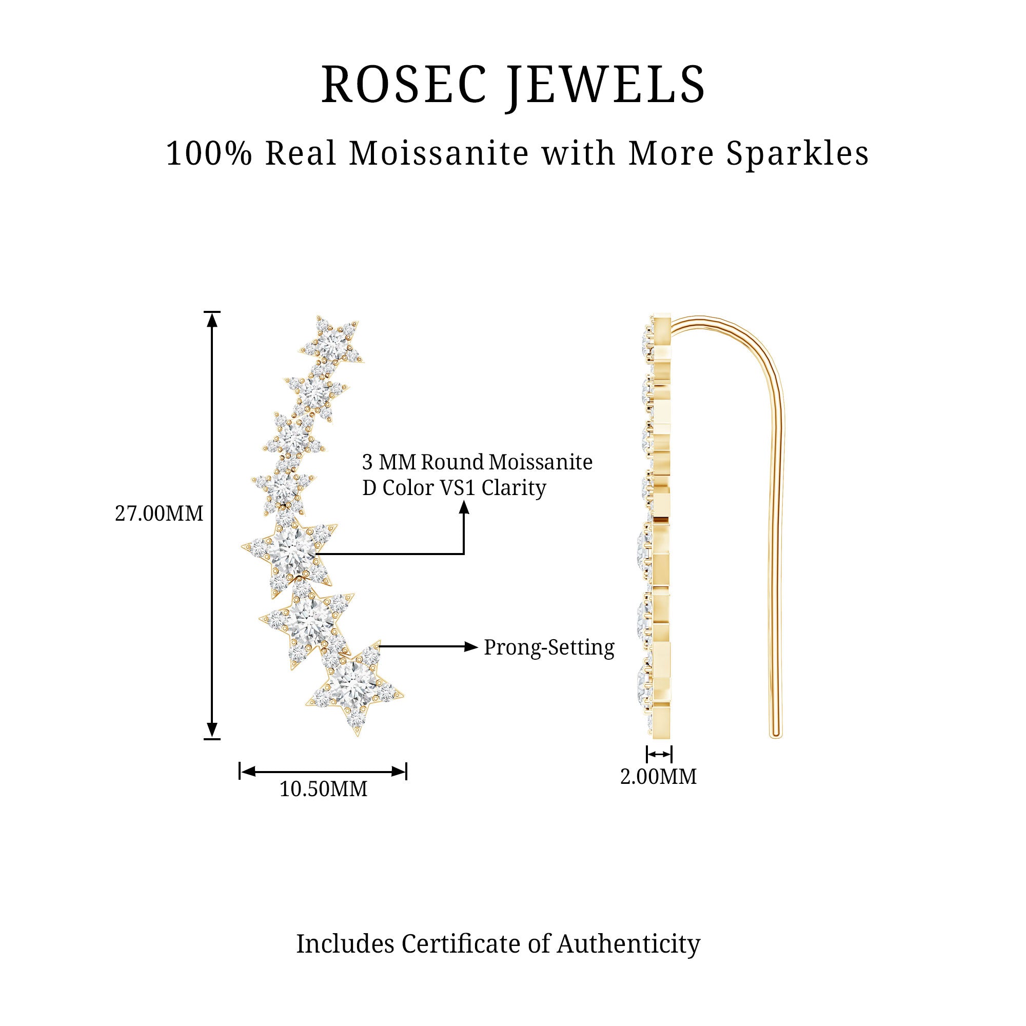 Moissanite Star Climber Earring for Cartilage Piercing D-VS1 - Rosec Jewels