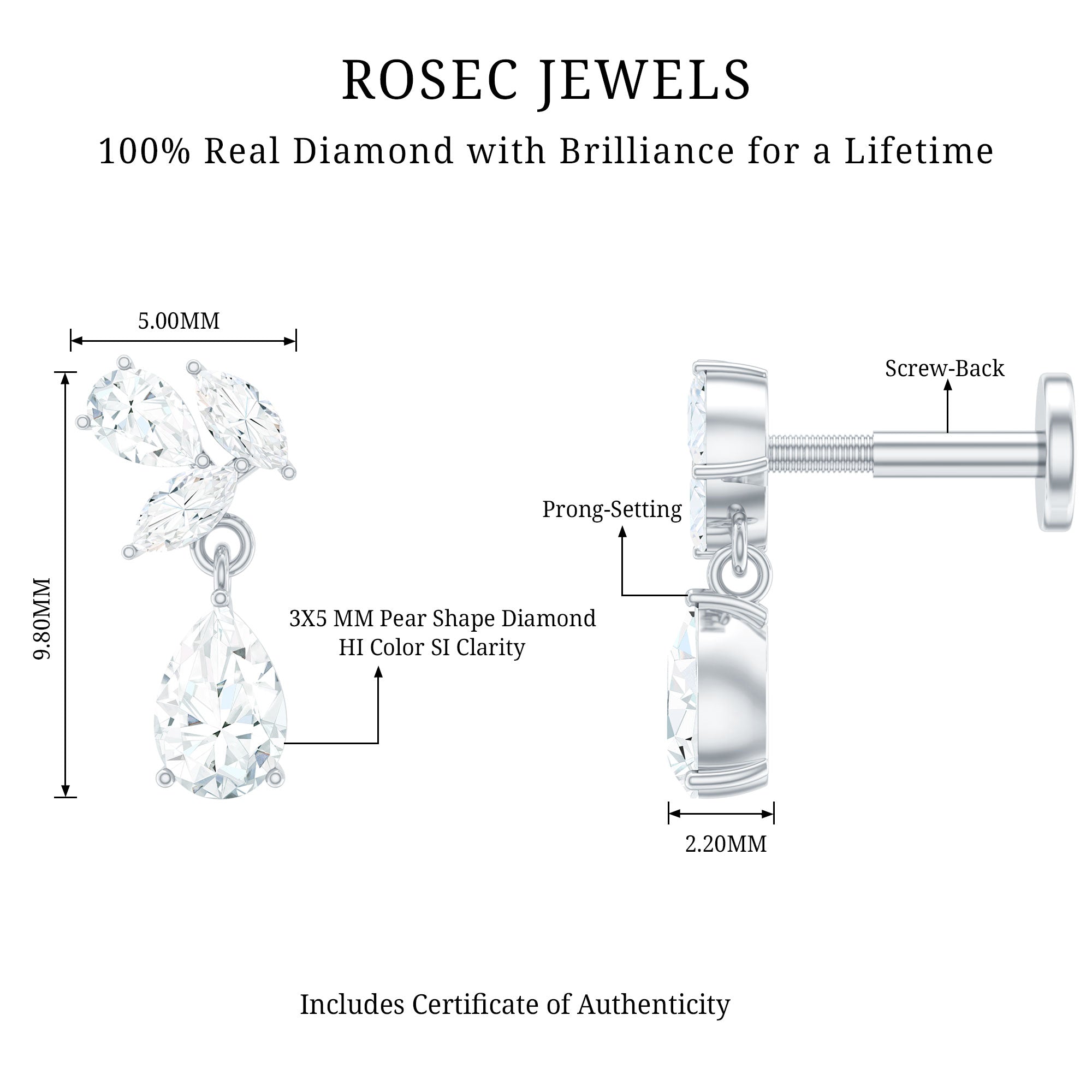 Natural Diamond Teardrop Cartilage Earring With Certificate Natural - ( HI-SI ) - Rosec Jewels