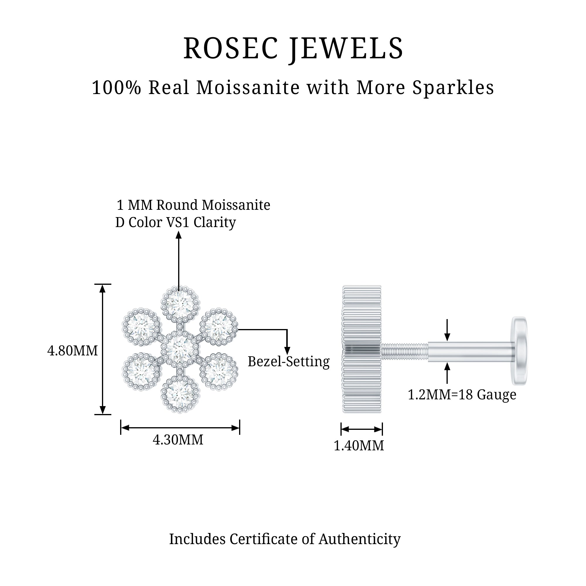 Moissanite Flower Cartilage Earring in Beaded Bezel Setting D-VS1 - Rosec Jewels