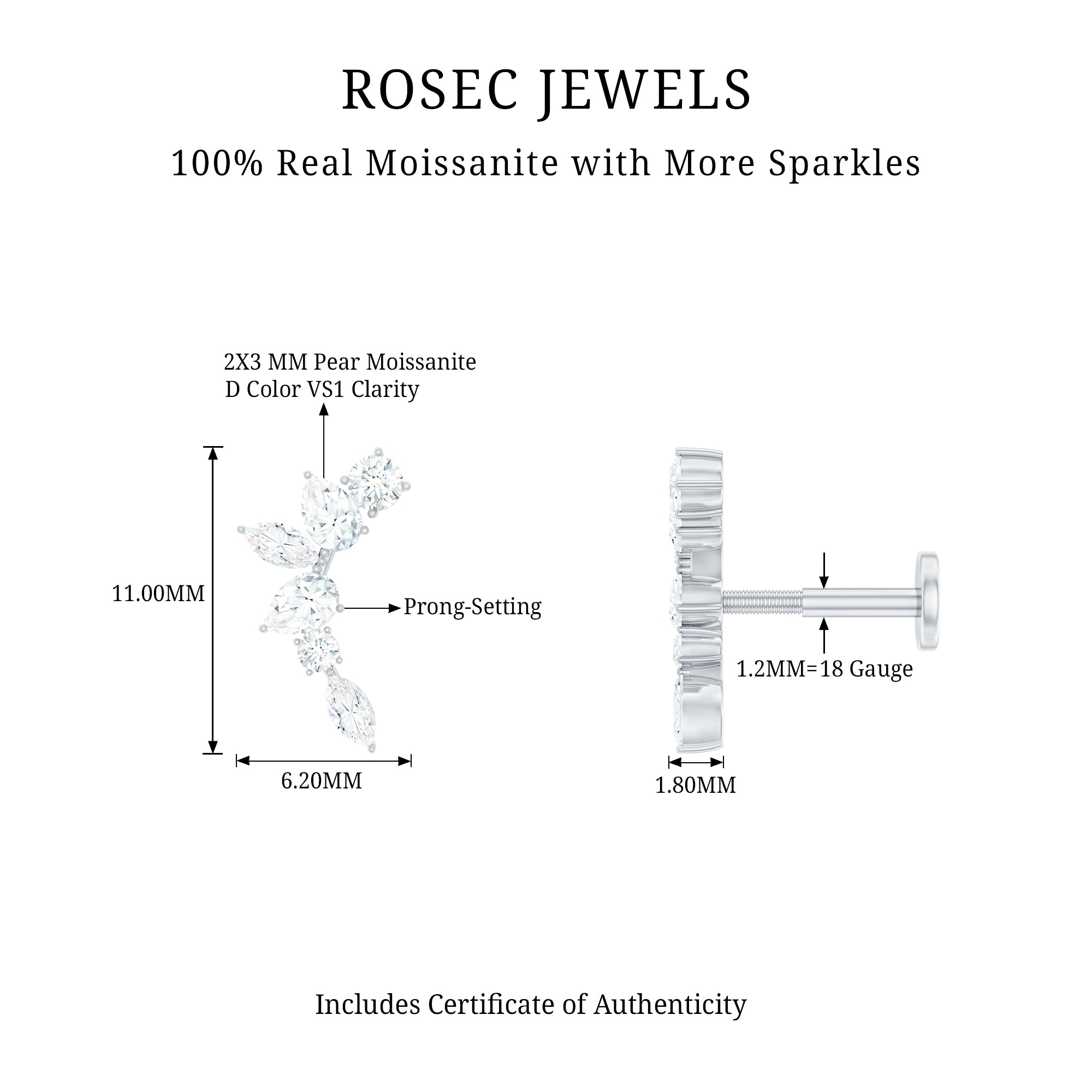 Certified Moissanite Curved Helix Earring for Women D-VS1 - Rosec Jewels