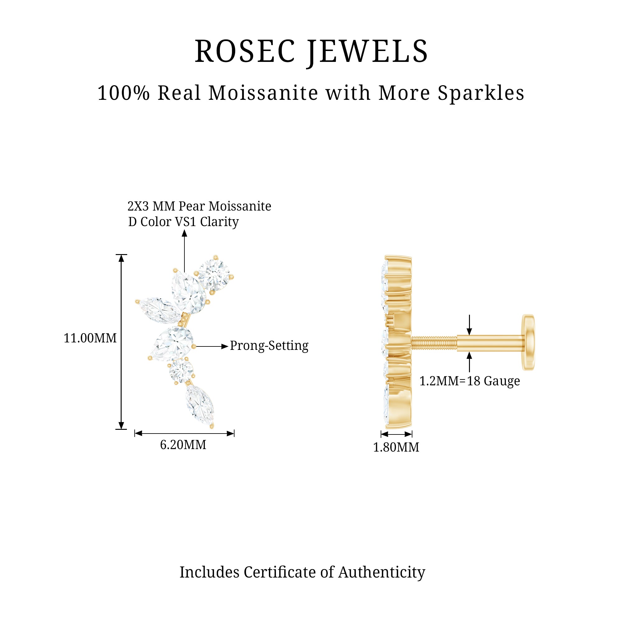 Certified Moissanite Curved Helix Earring for Women D-VS1 - Rosec Jewels