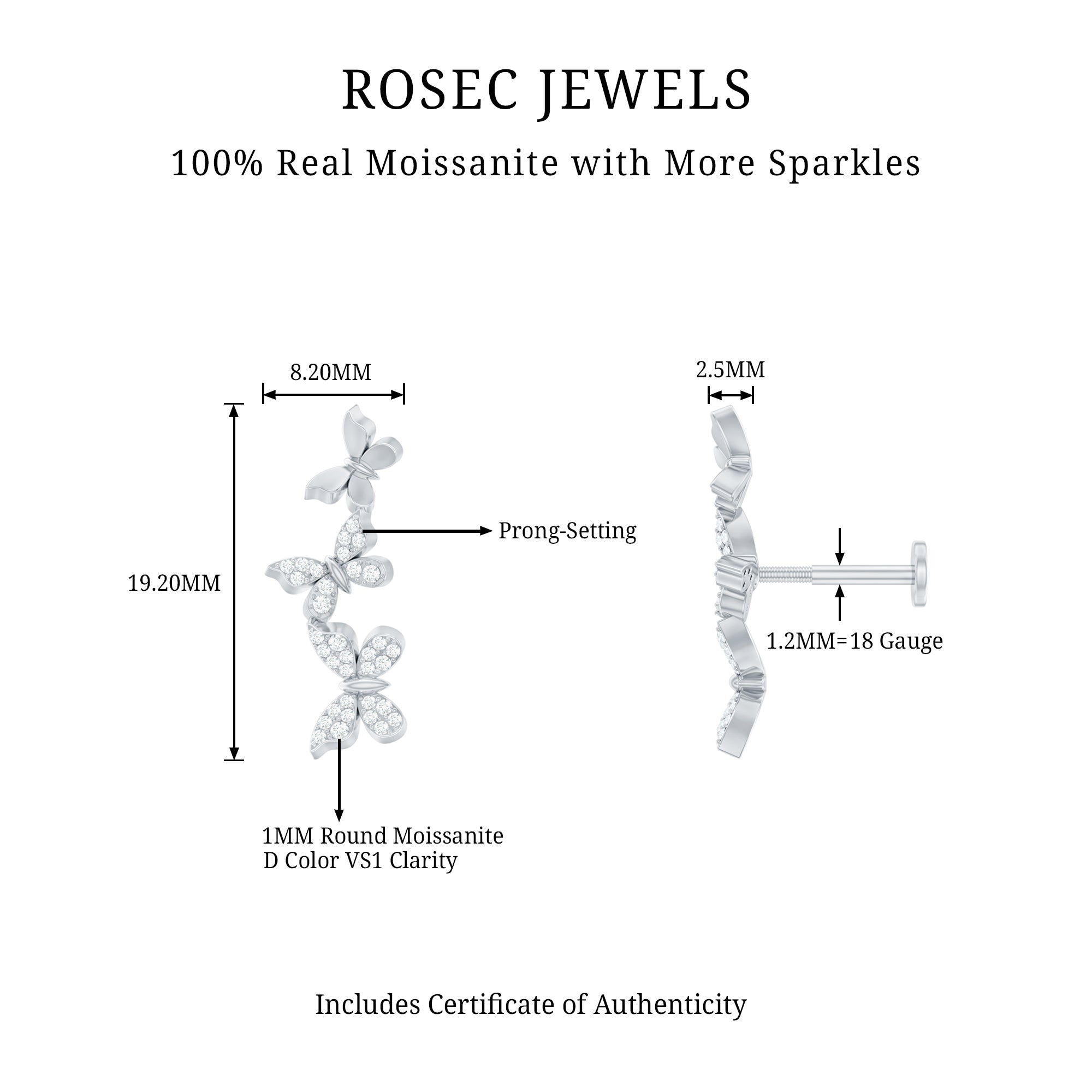 Moissanite Butterfly Climber Earring for Helix Piercing D-VS1 - Rosec Jewels