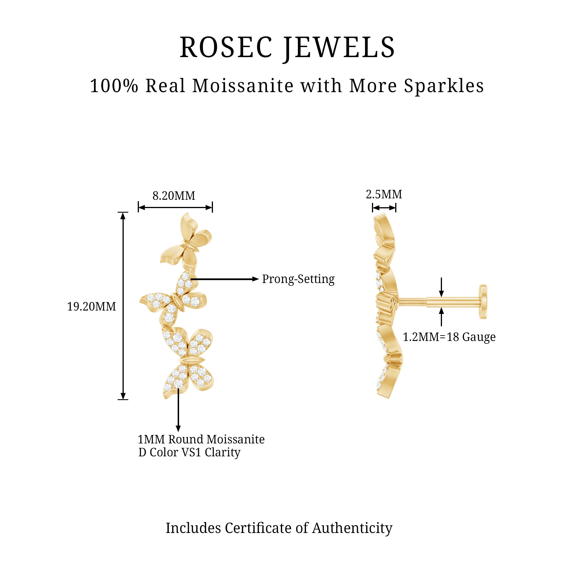Moissanite Butterfly Climber Earring for Helix Piercing D-VS1 - Rosec Jewels