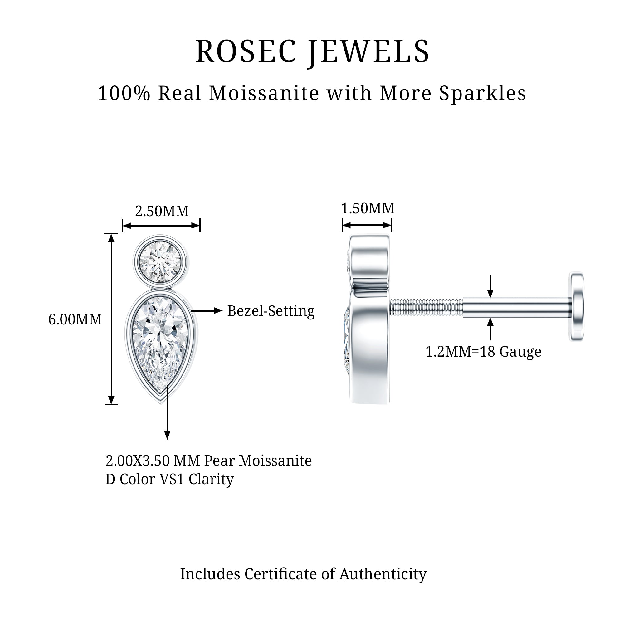 Dainty Pear and Round Cut Moissanite Tragus Earring D-VS1 - Rosec Jewels