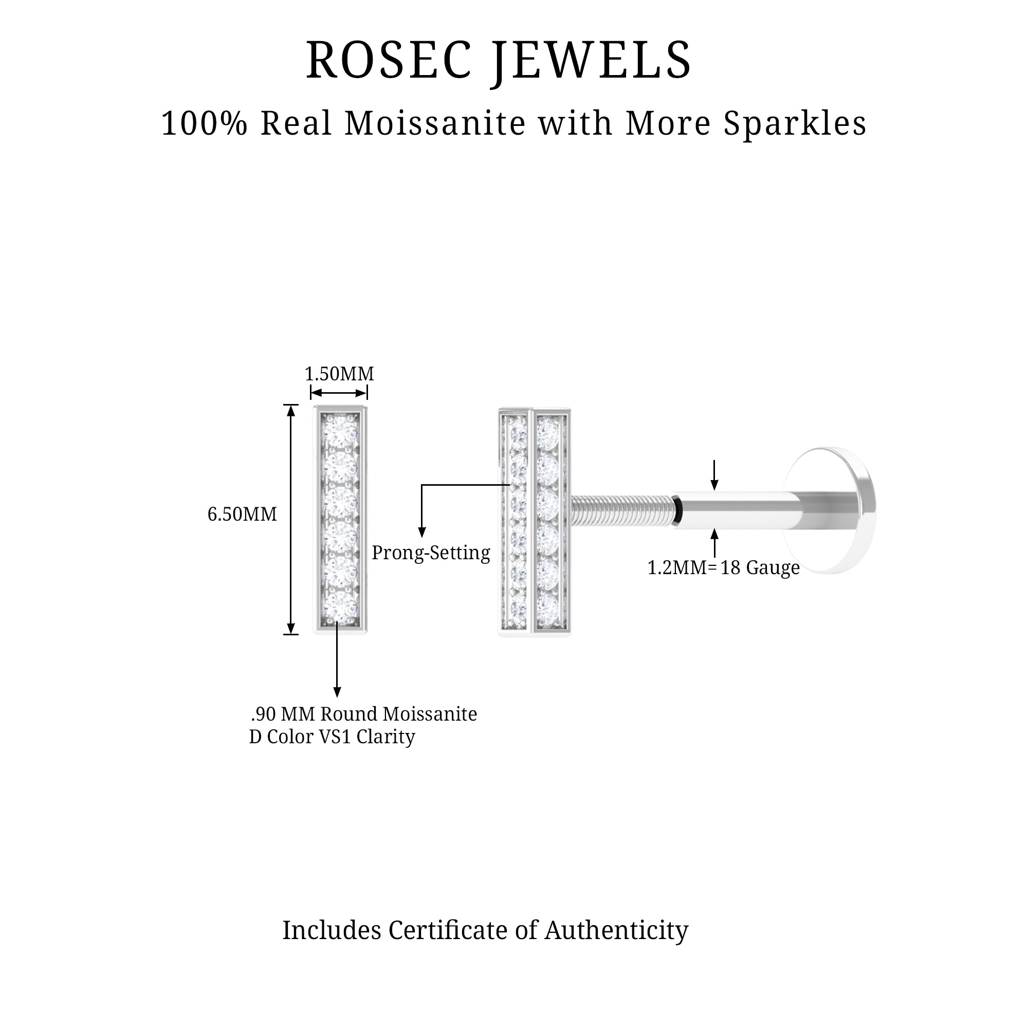 Round Moissanite Bar Earring for Cartilage Piercing D-VS1 - Rosec Jewels