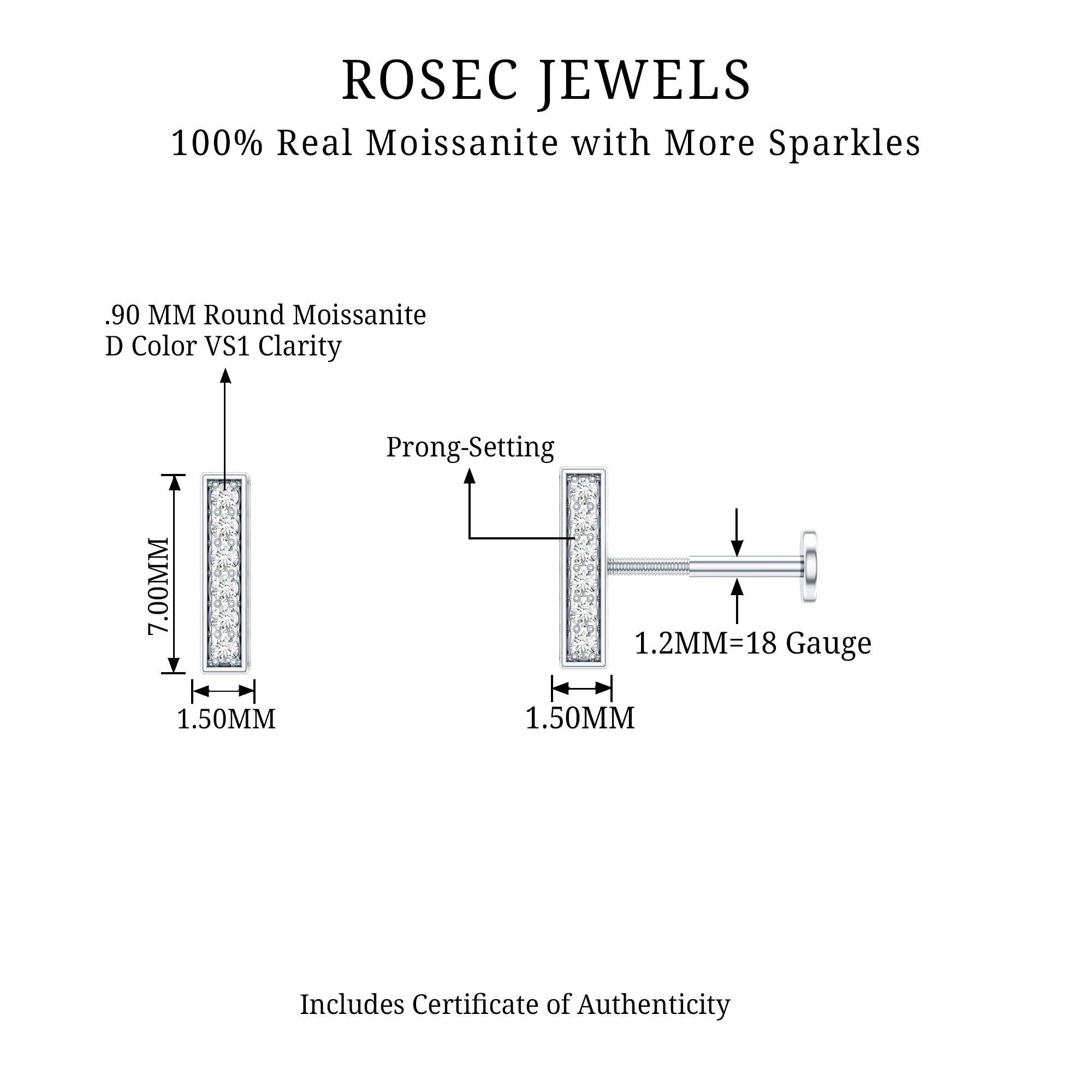 Round Moissanite Bar Earring for Cartilage Piercing D-VS1 - Rosec Jewels