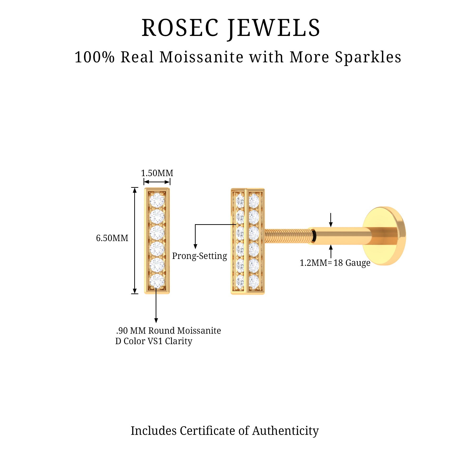 Round Moissanite Bar Earring for Cartilage Piercing D-VS1 - Rosec Jewels