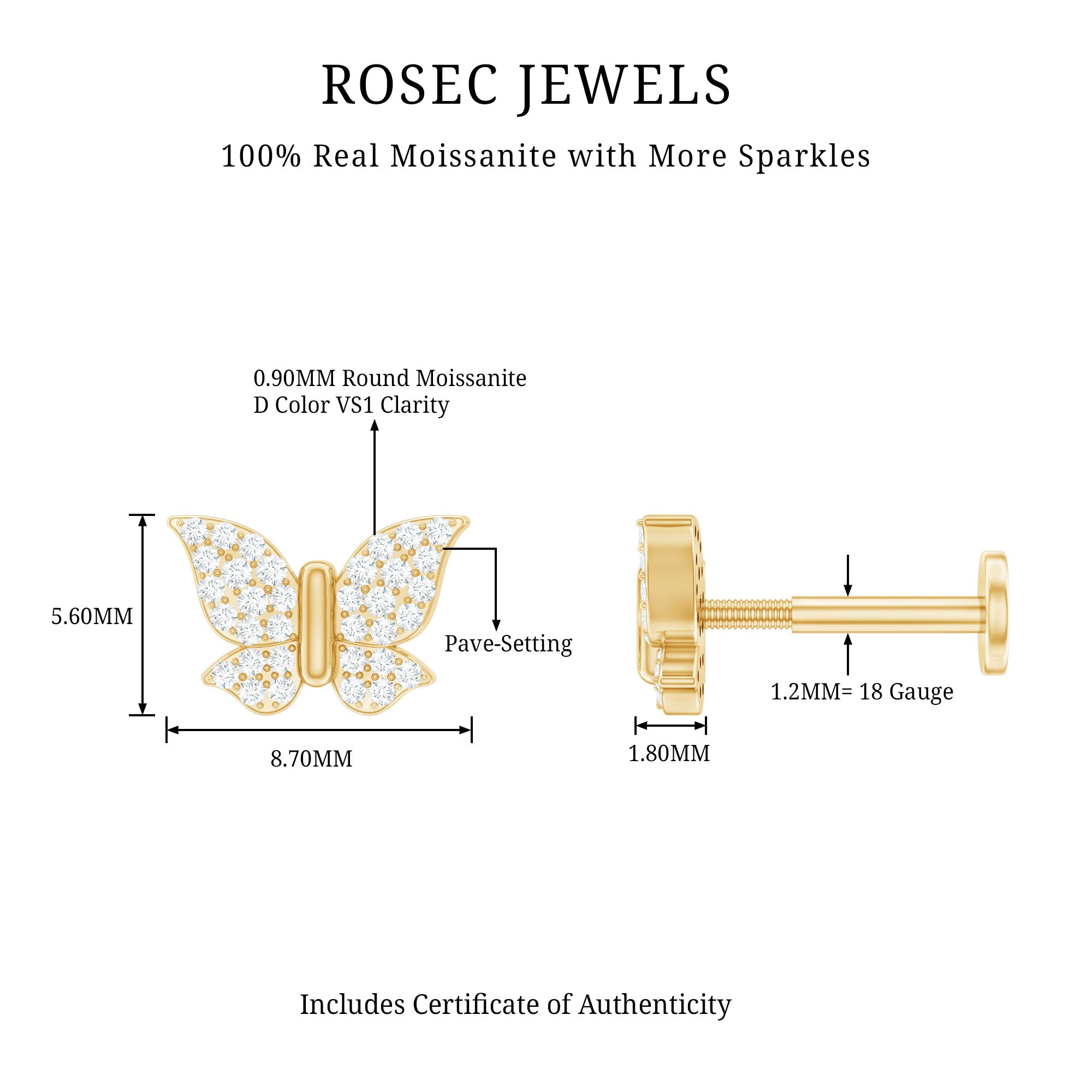 Exquisite Moissanite Butterfly Cartilage Earring D-VS1 - Rosec Jewels