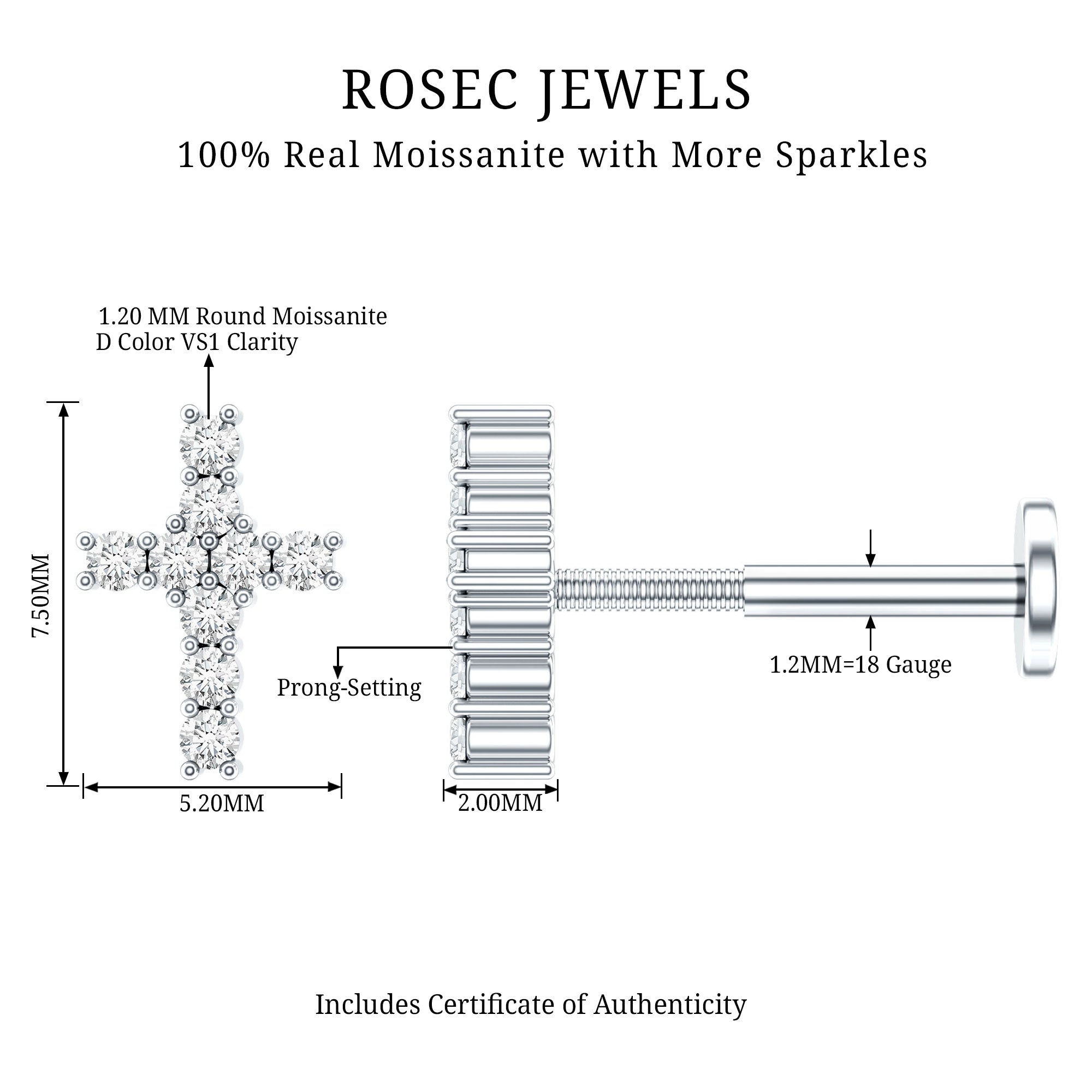 Minimalist Moissanite Cross Cartilage Earring D-VS1 - Rosec Jewels