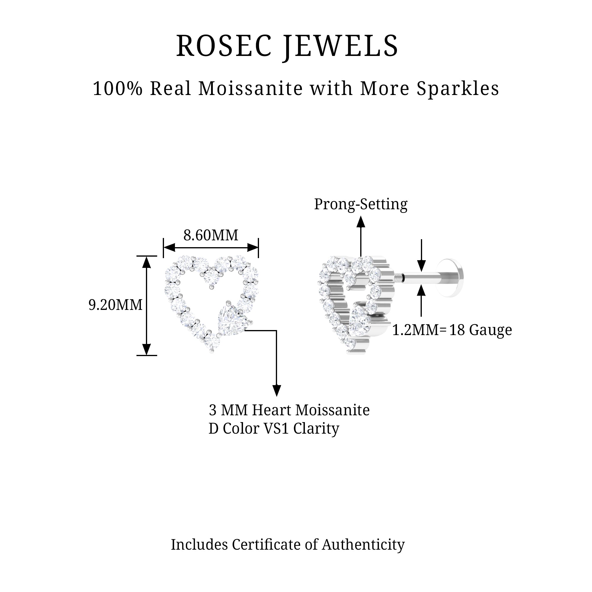Certified Moissanite Heart Cartilage Earring D-VS1 - Rosec Jewels