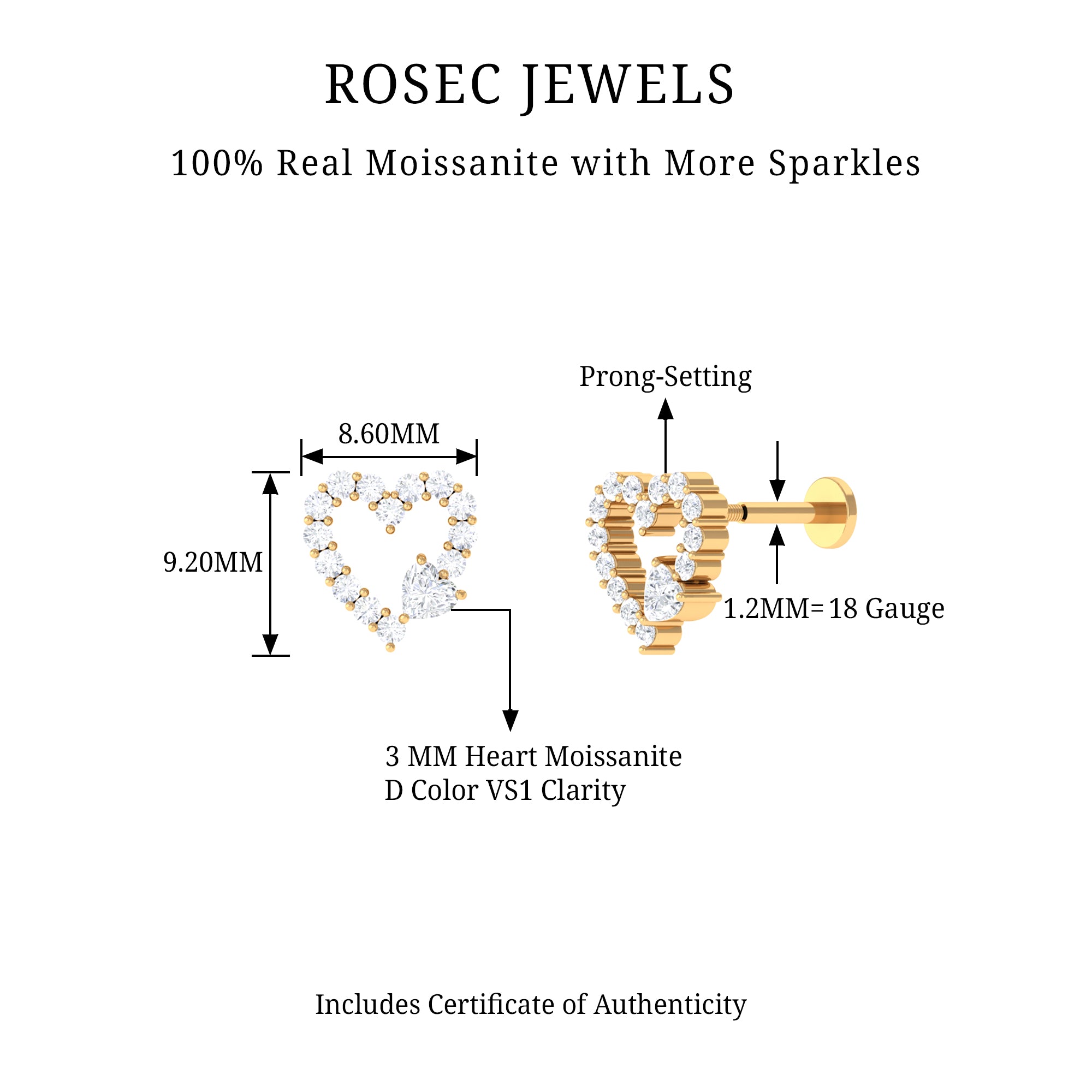 Certified Moissanite Heart Cartilage Earring D-VS1 - Rosec Jewels
