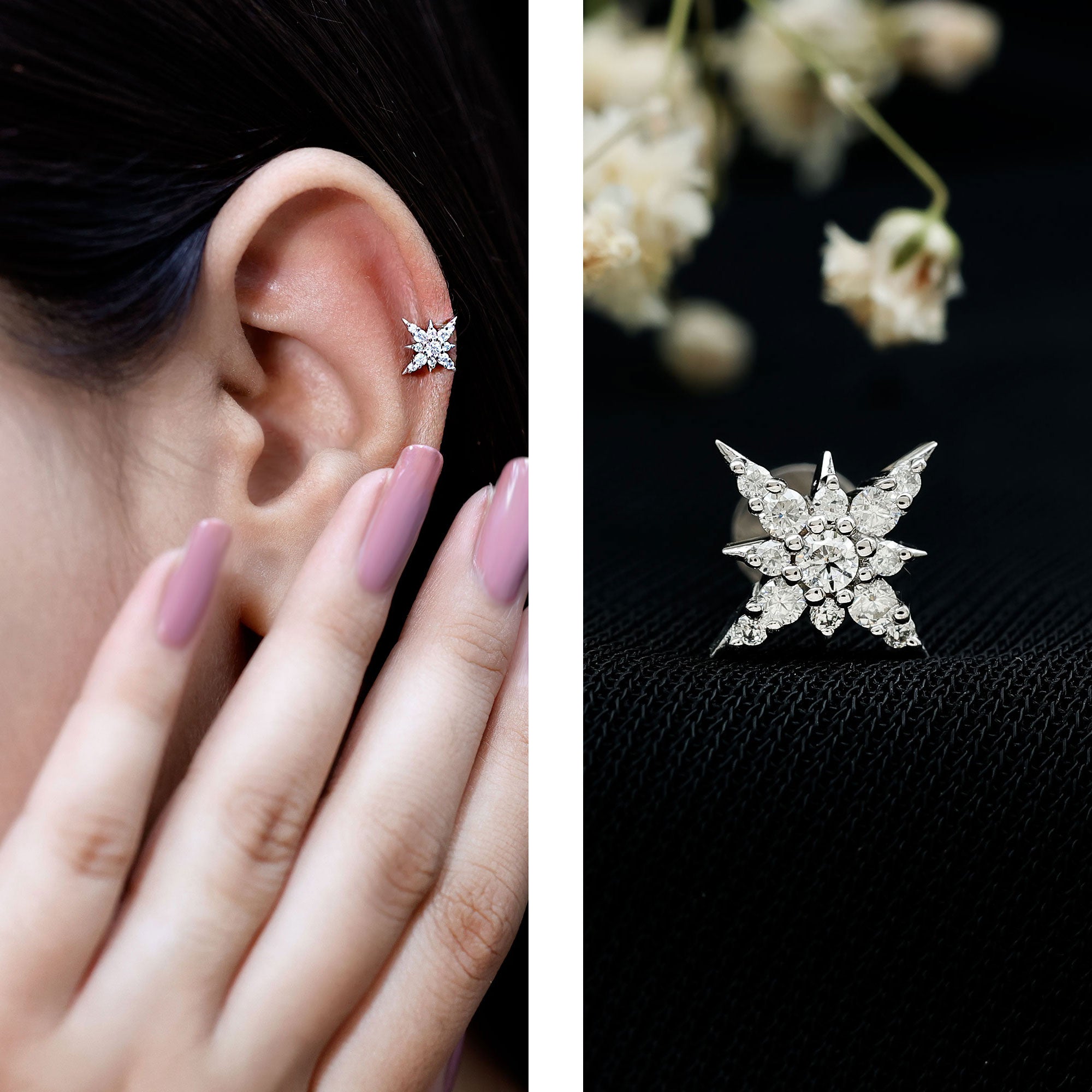 Moissanite Starburst Cartilage Earring with Flat Back D-VS1 - Rosec Jewels