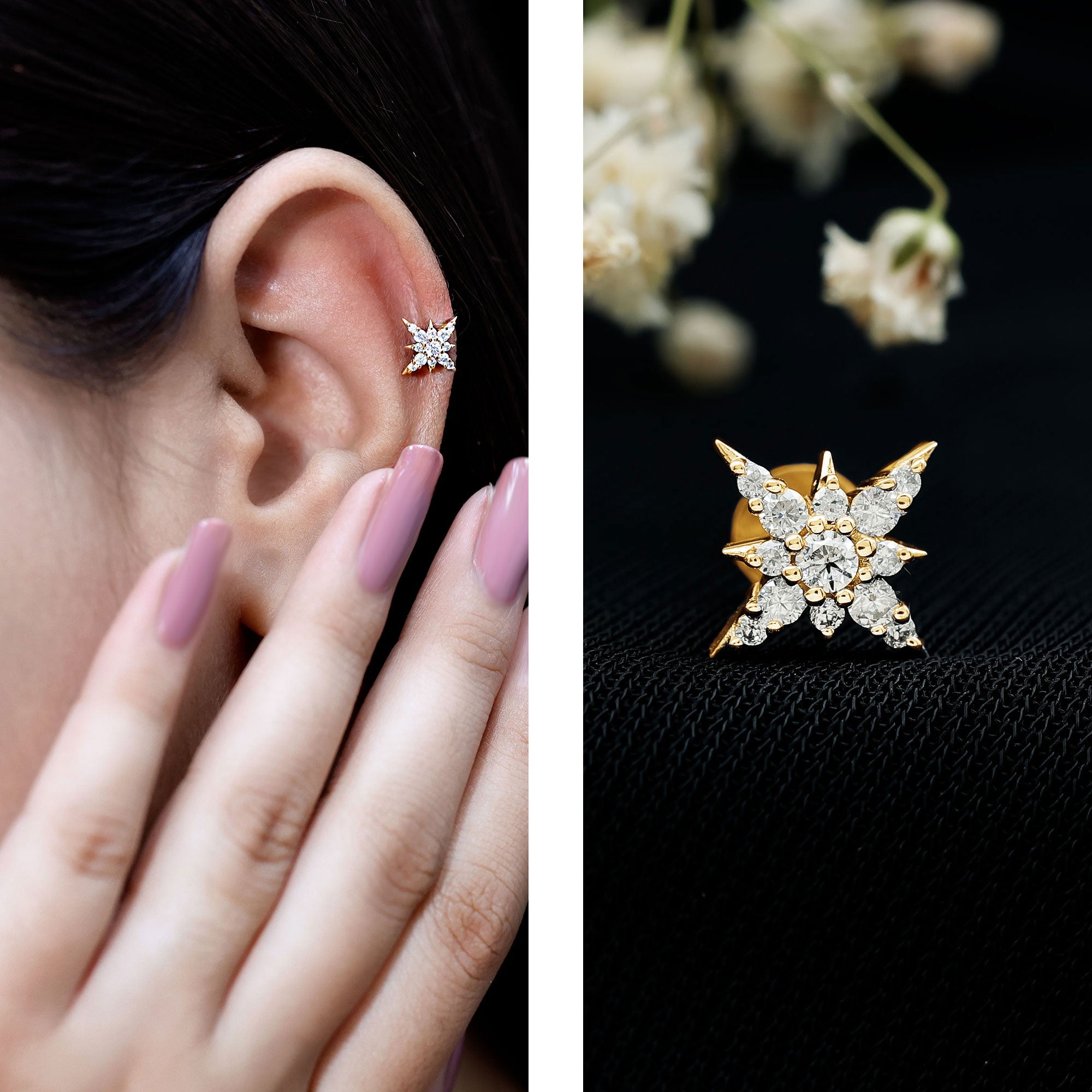 Moissanite Starburst Cartilage Earring with Flat Back D-VS1 - Rosec Jewels