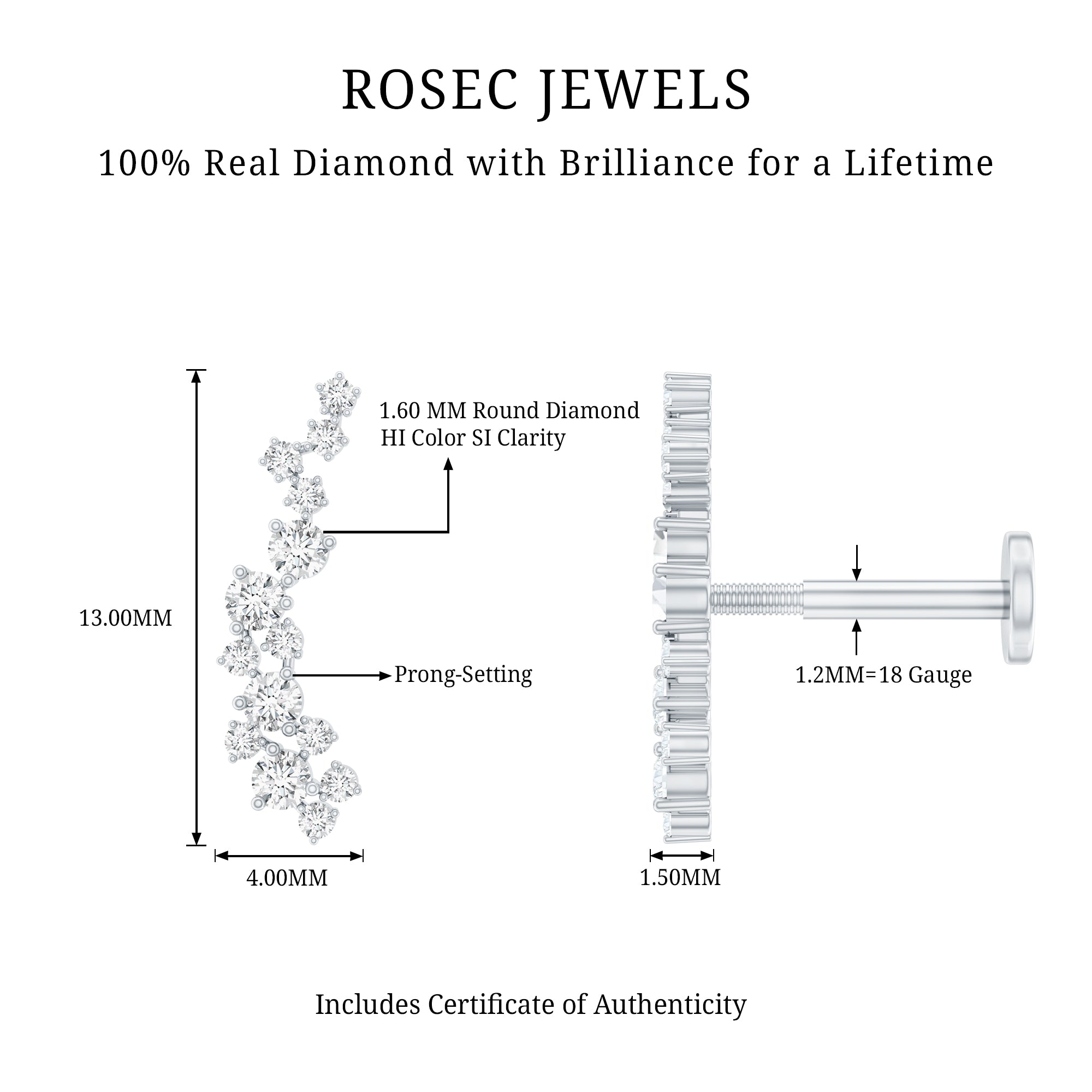 Natural Diamond Cluster Crawler Earring for Helix Piercing Natural - ( HI-SI ) - Rosec Jewels