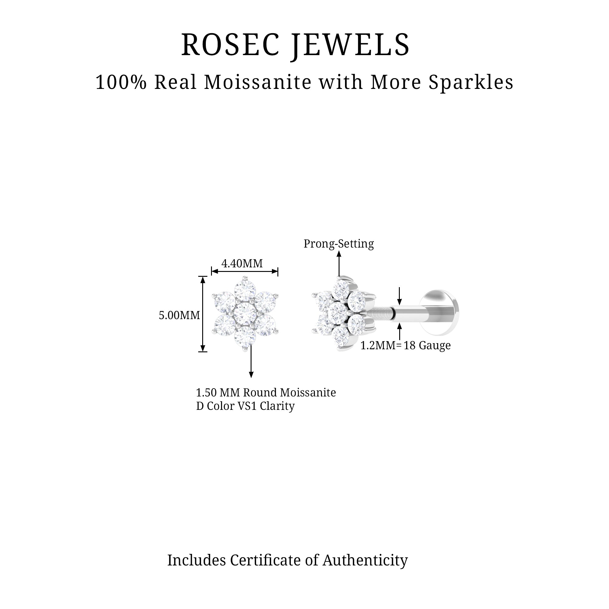 Tiny Moissanite Flower Cluster Earring for Conch Piercing D-VS1 - Rosec Jewels
