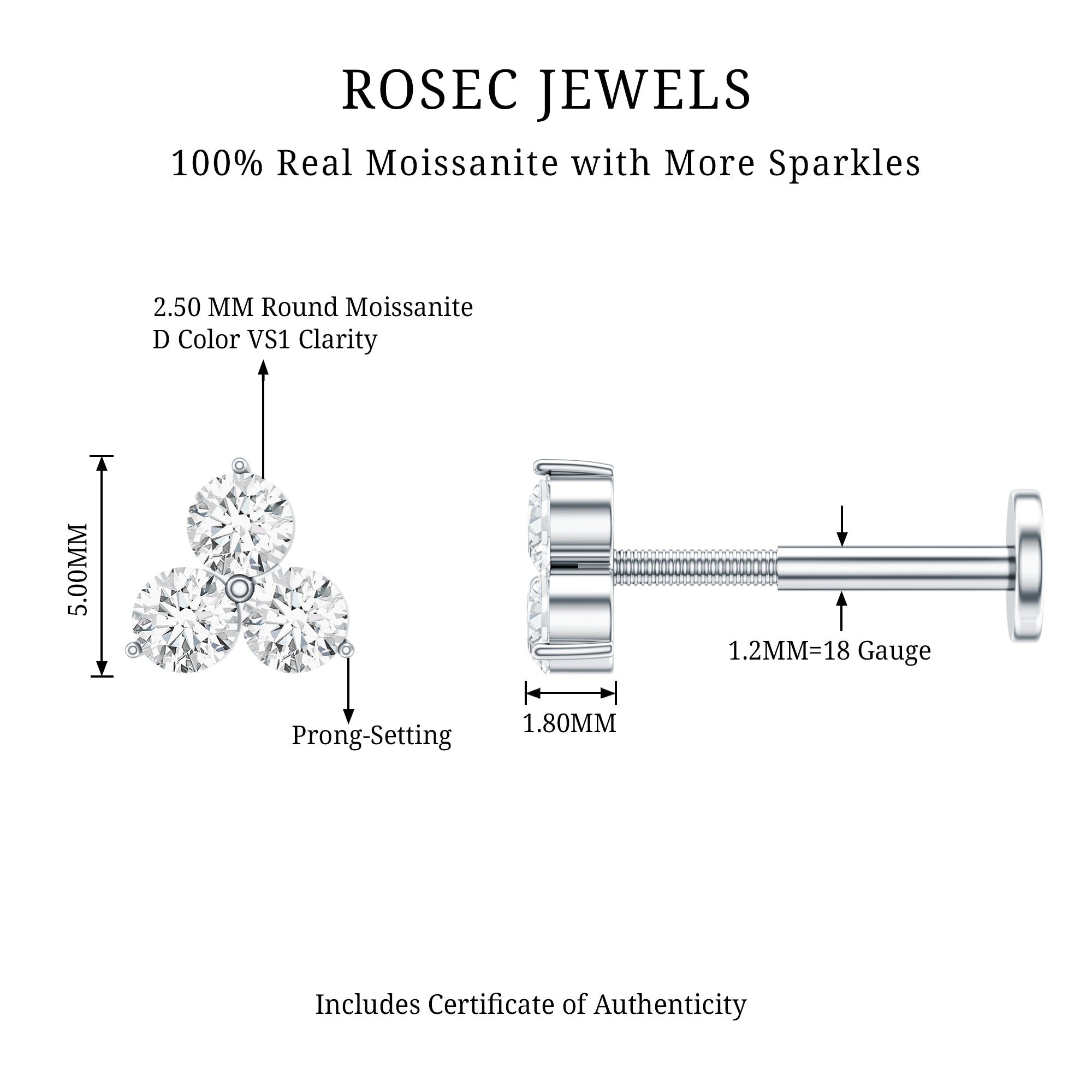 Tiny Moissanite Trio Flower Earring for Helix Piercing D-VS1 - Rosec Jewels