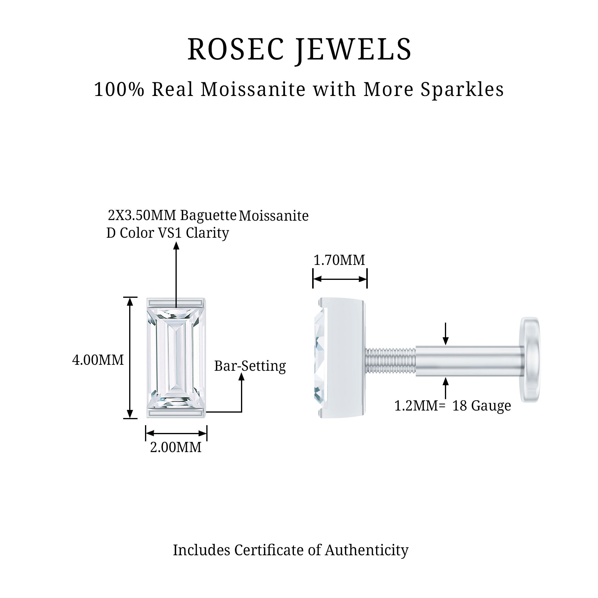 Baguette Moissanite Tragus Earring in Bar Setting D-VS1 - Rosec Jewels