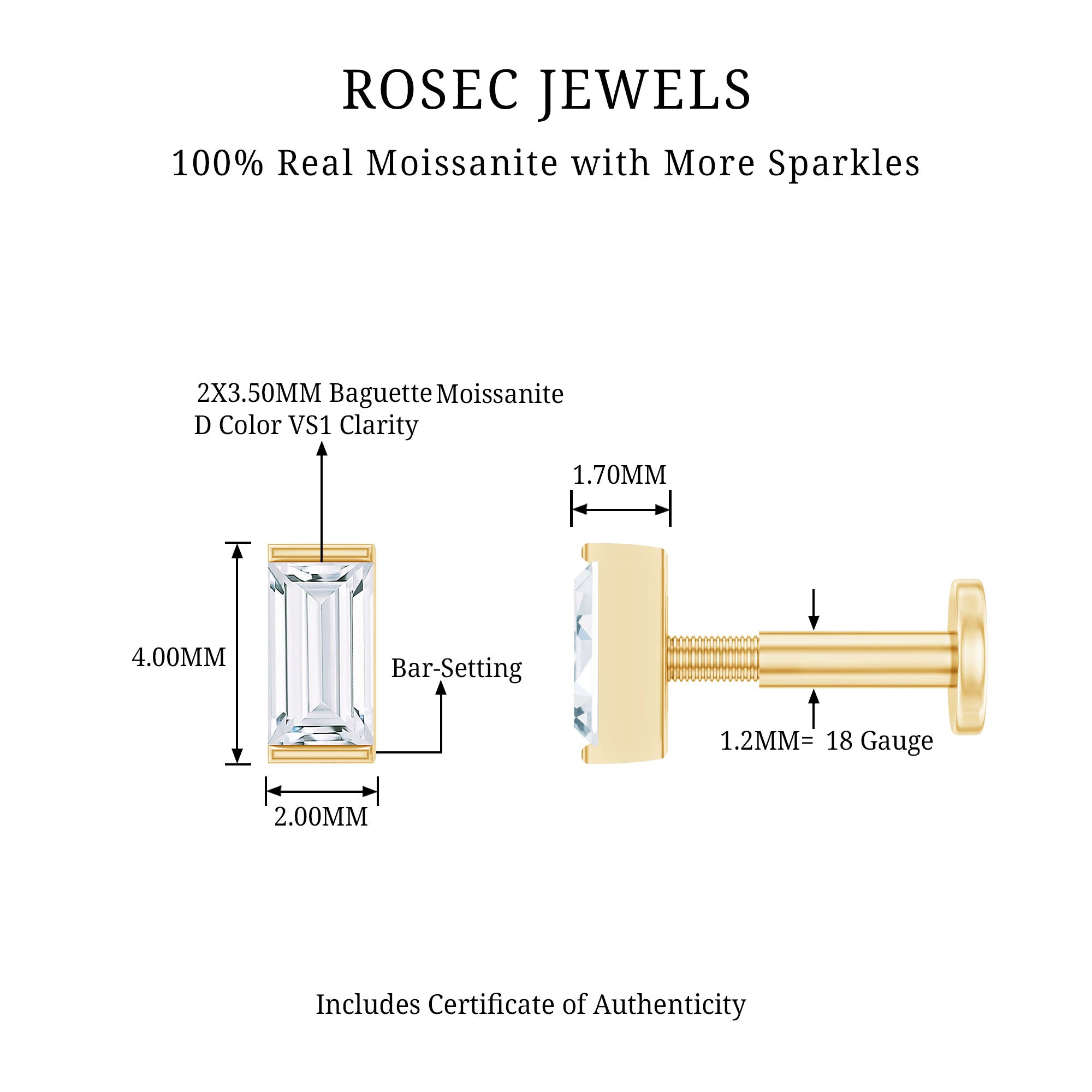 Baguette Moissanite Tragus Earring in Bar Setting D-VS1 - Rosec Jewels