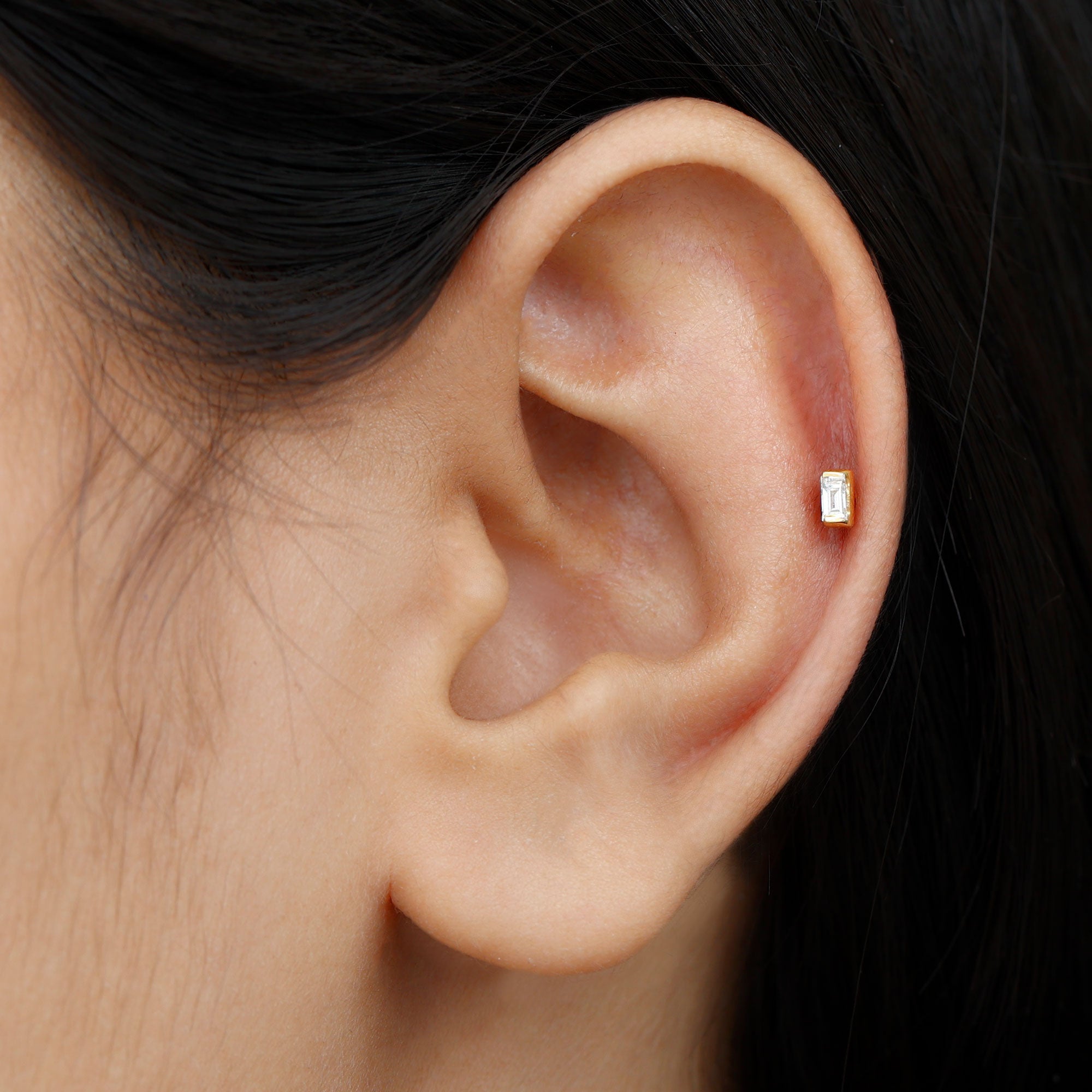 Baguette Moissanite Tragus Earring in Bar Setting D-VS1 - Rosec Jewels