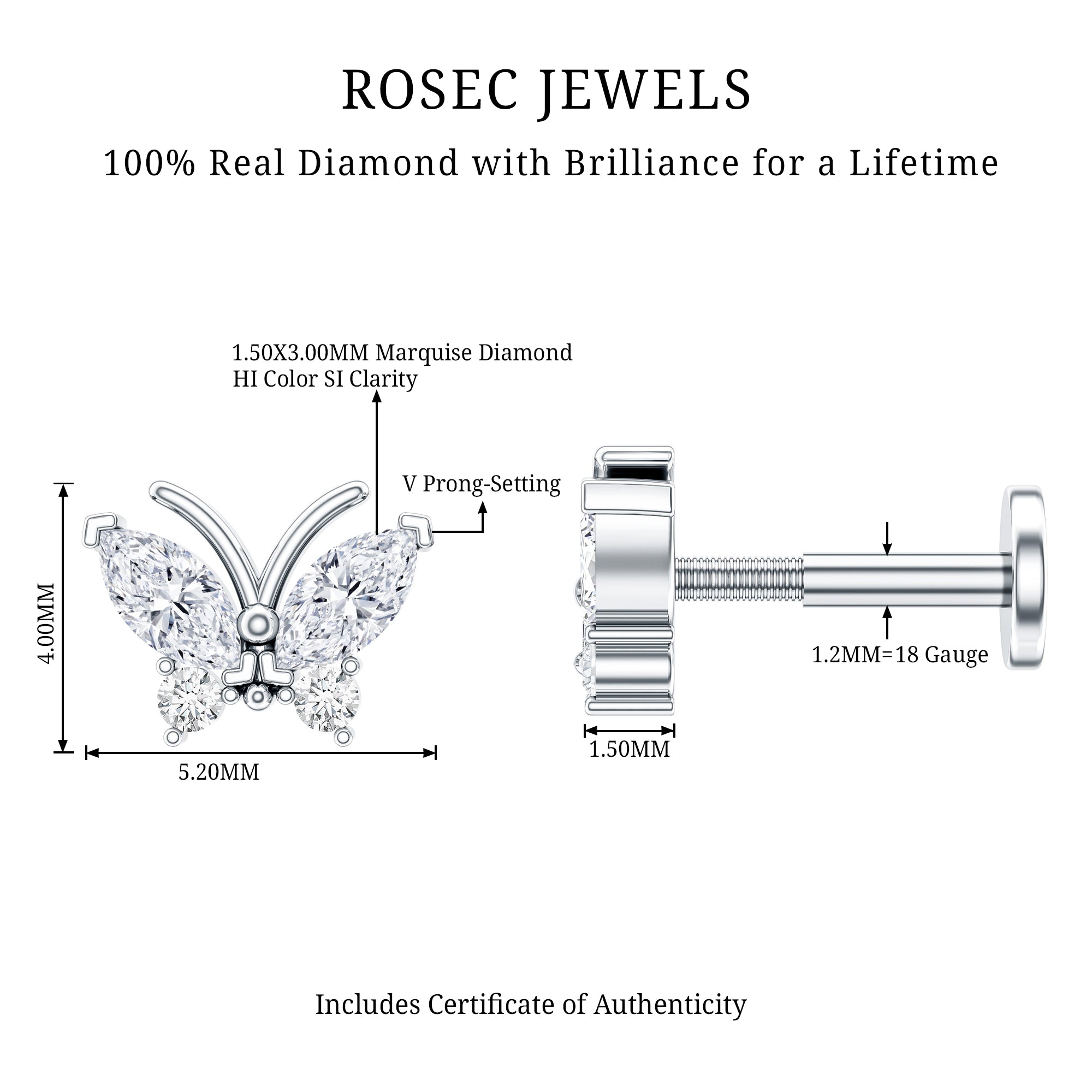Natural Diamond Butterfly Earring for Helix Piercing Natural - ( HI-SI ) - Rosec Jewels