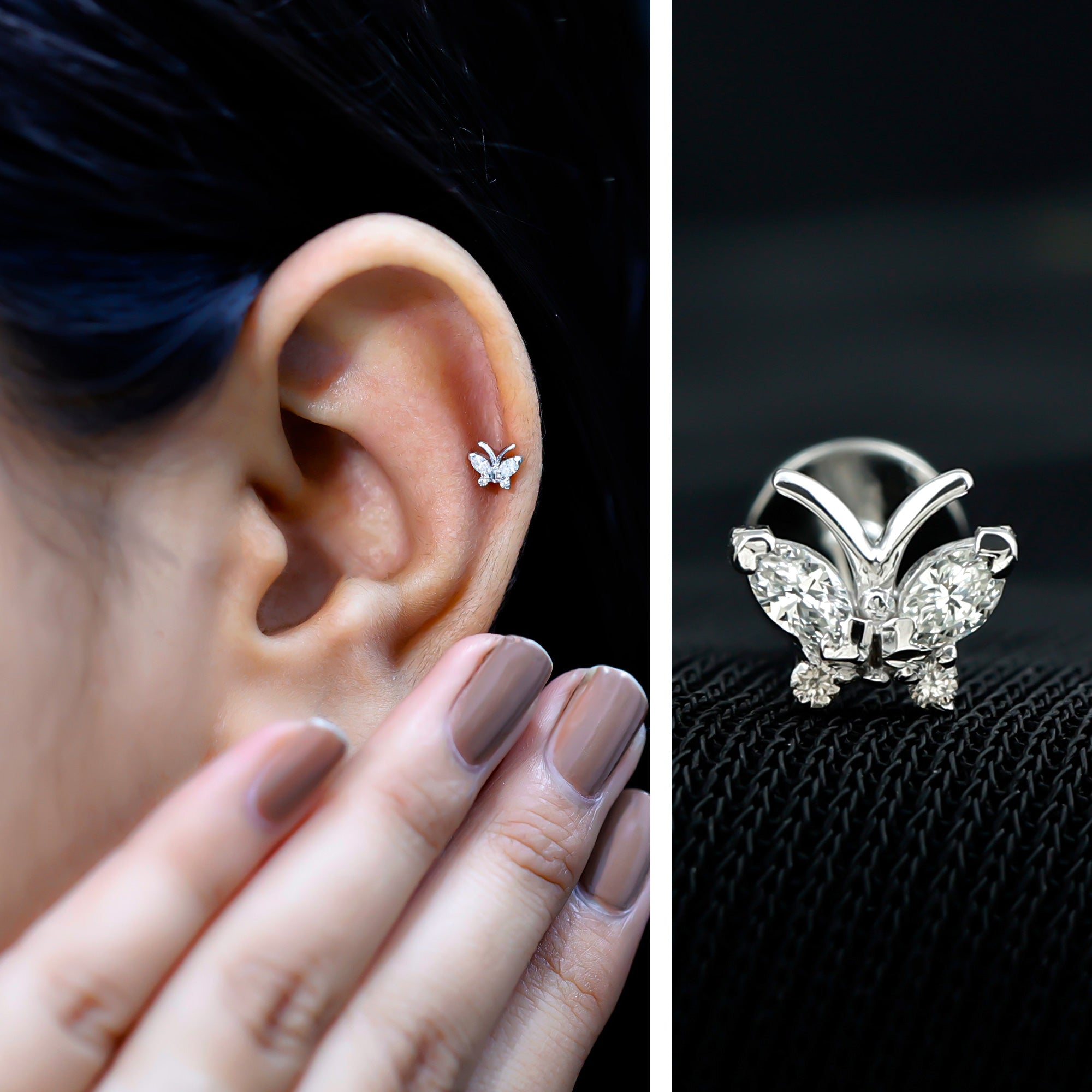 Natural Diamond Butterfly Earring for Helix Piercing Natural - ( HI-SI ) - Rosec Jewels