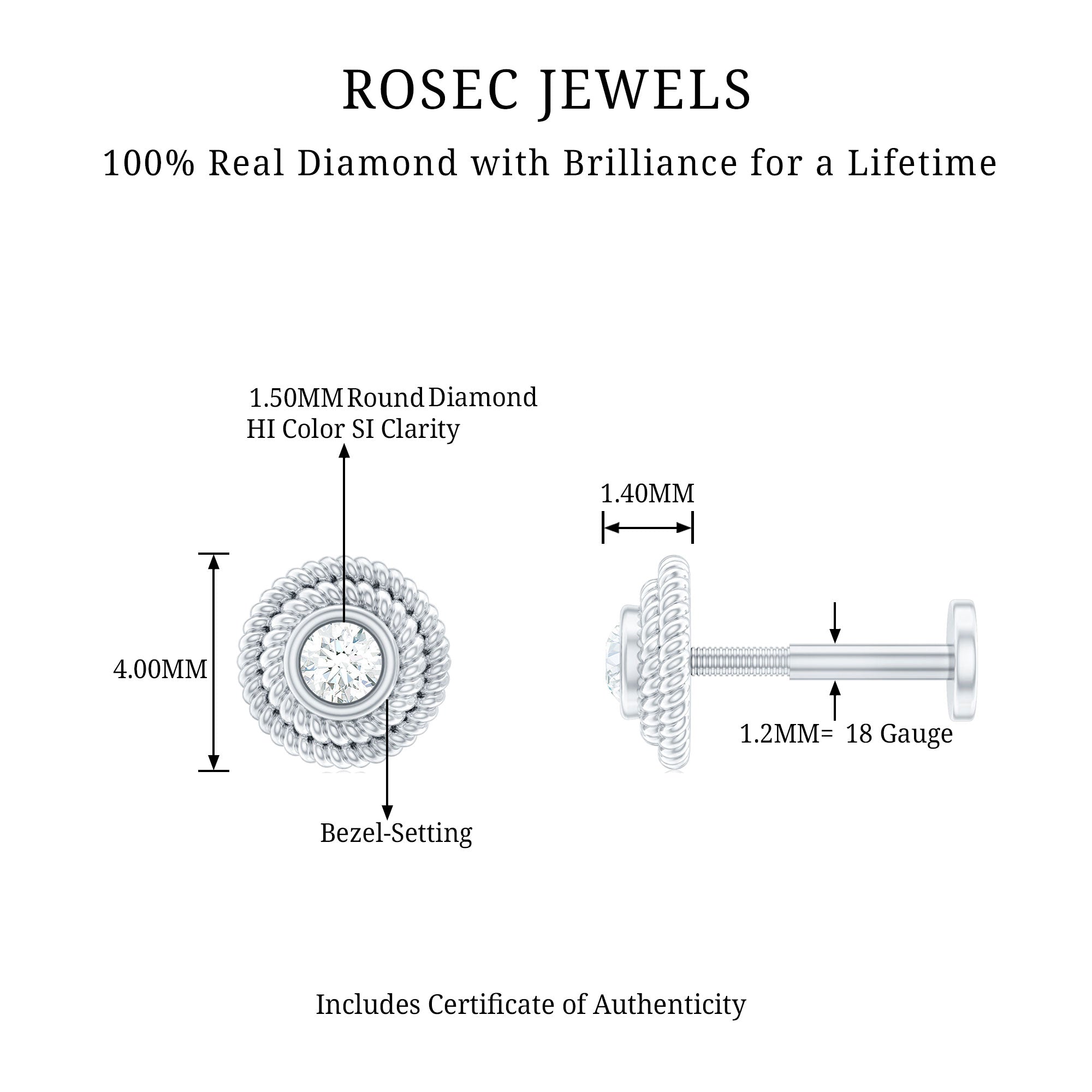 Minimal Diamond Conch Earring in Bezel Setting Natural - ( HI-SI ) - Rosec Jewels