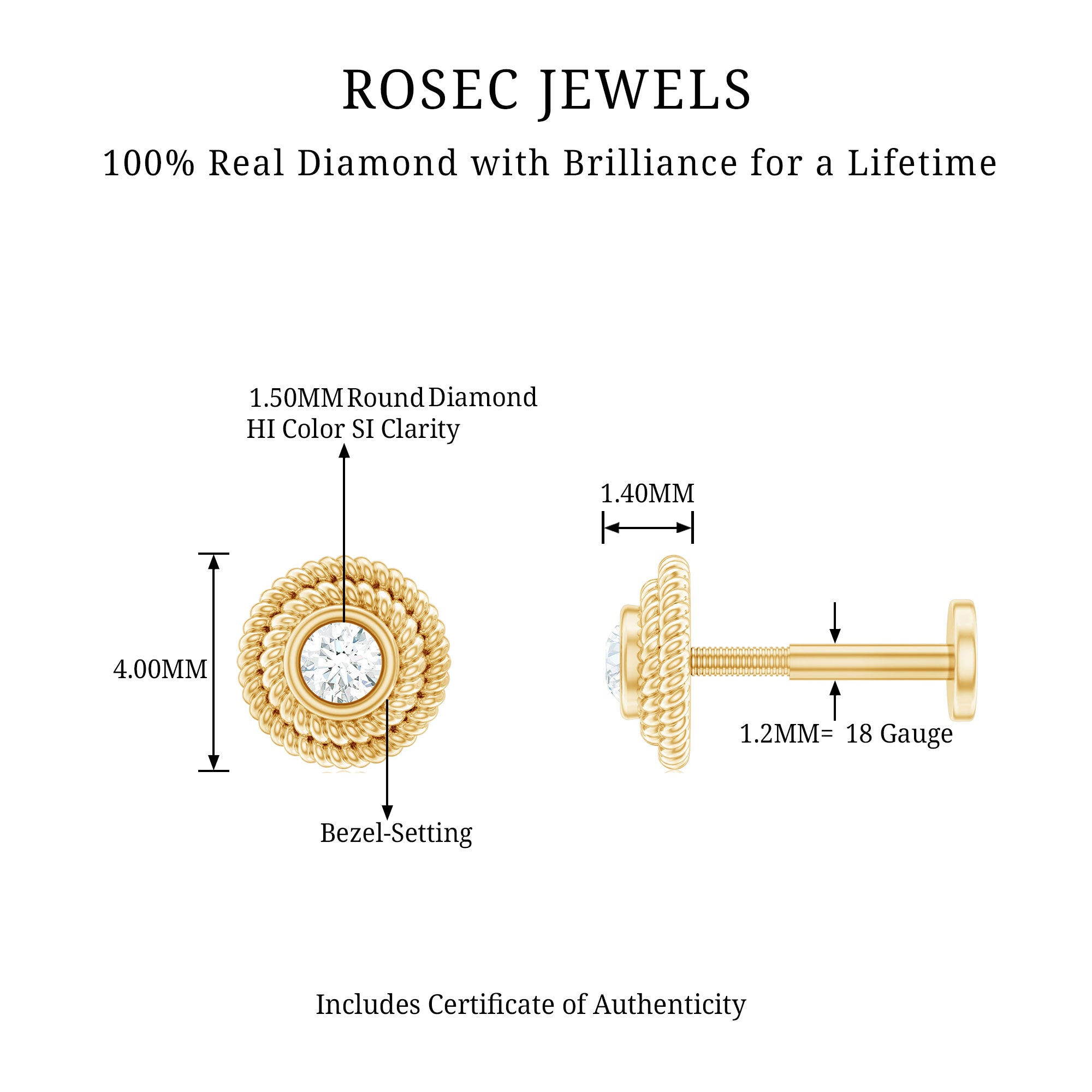 Minimal Diamond Conch Earring in Bezel Setting Natural - ( HI-SI ) - Rosec Jewels