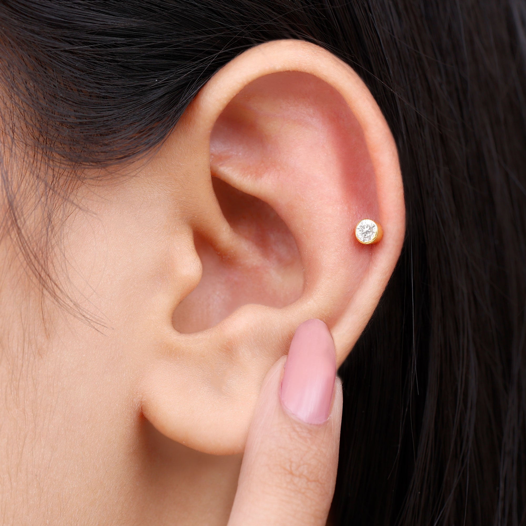 Bezel Set Diamond Cartilage Earring with Flat Back Natural - ( HI-SI ) - Rosec Jewels