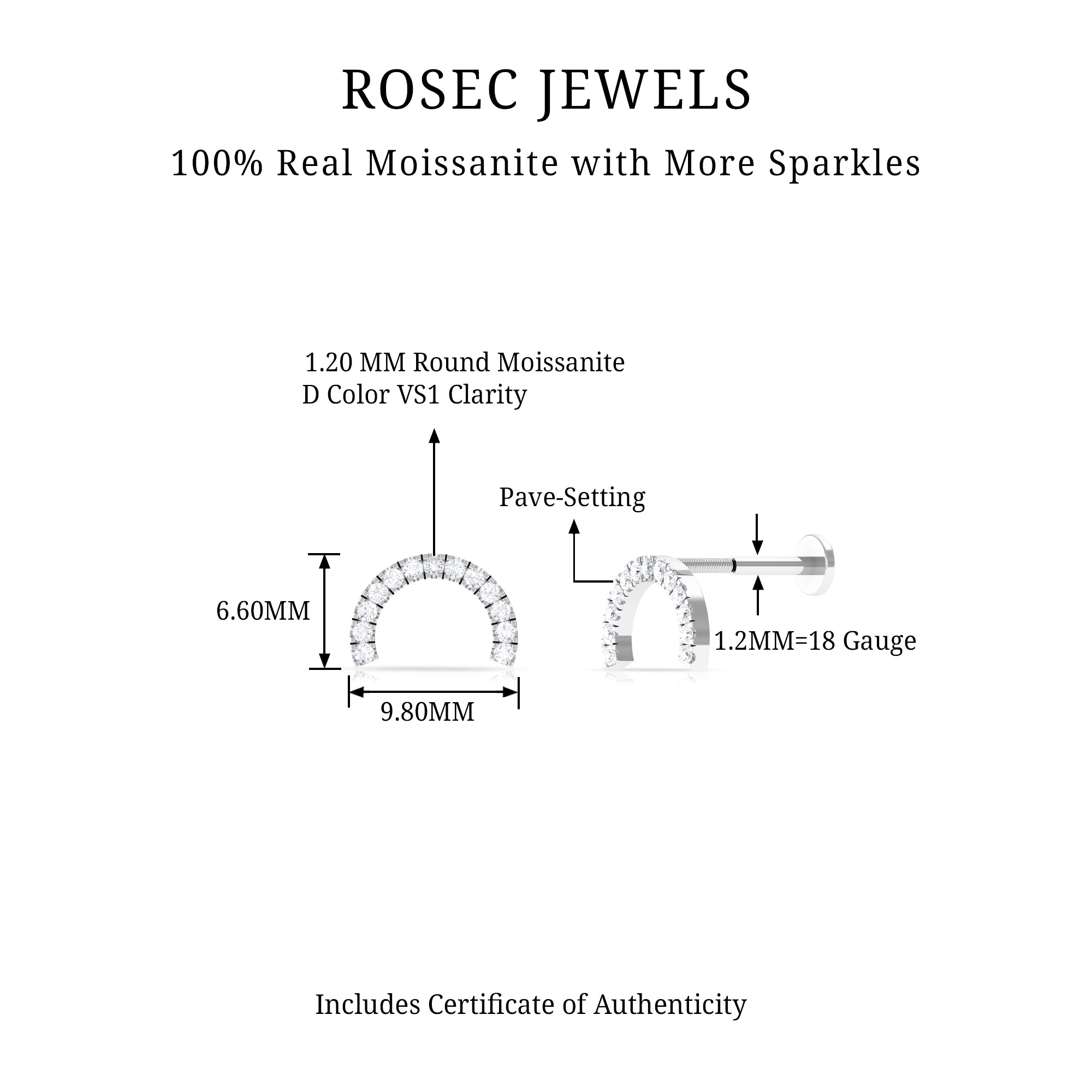 Moissanite Half Circle Earring for Helix Piercing D-VS1 - Rosec Jewels