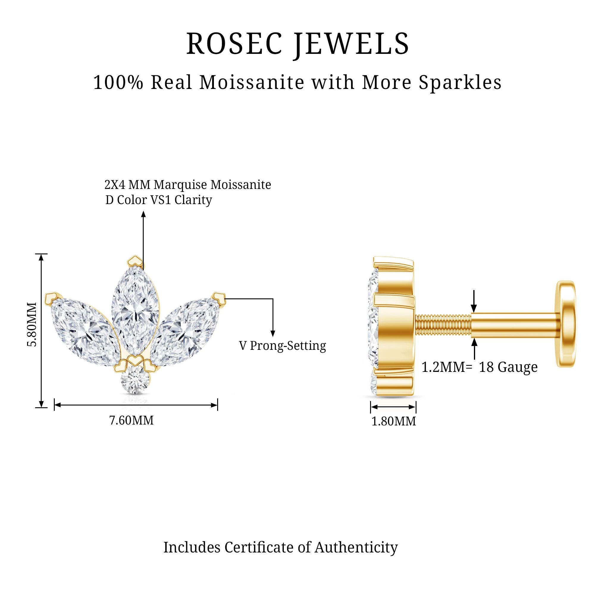 Marquise Moissanite Lotus Flower Helix Earring D-VS1 - Rosec Jewels