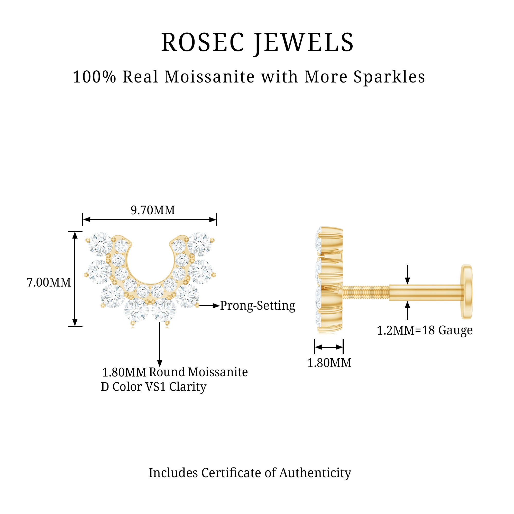 Certified Moissanite Cluster Curved Conch Earring D-VS1 - Rosec Jewels